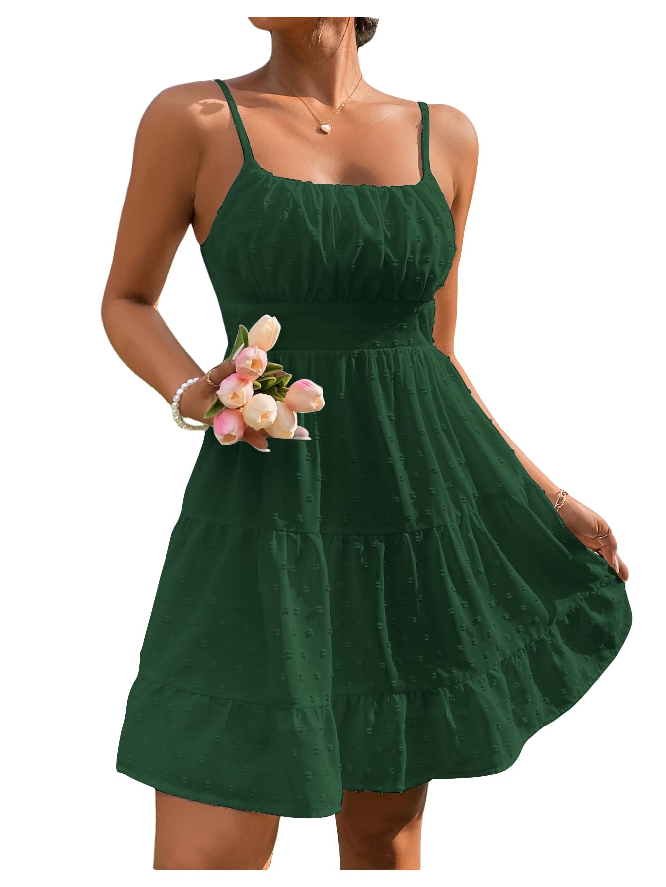 Floerns Women's Swiss Dots Sleeveless Ruched Bust Ruffle Hem Cami Short Dress