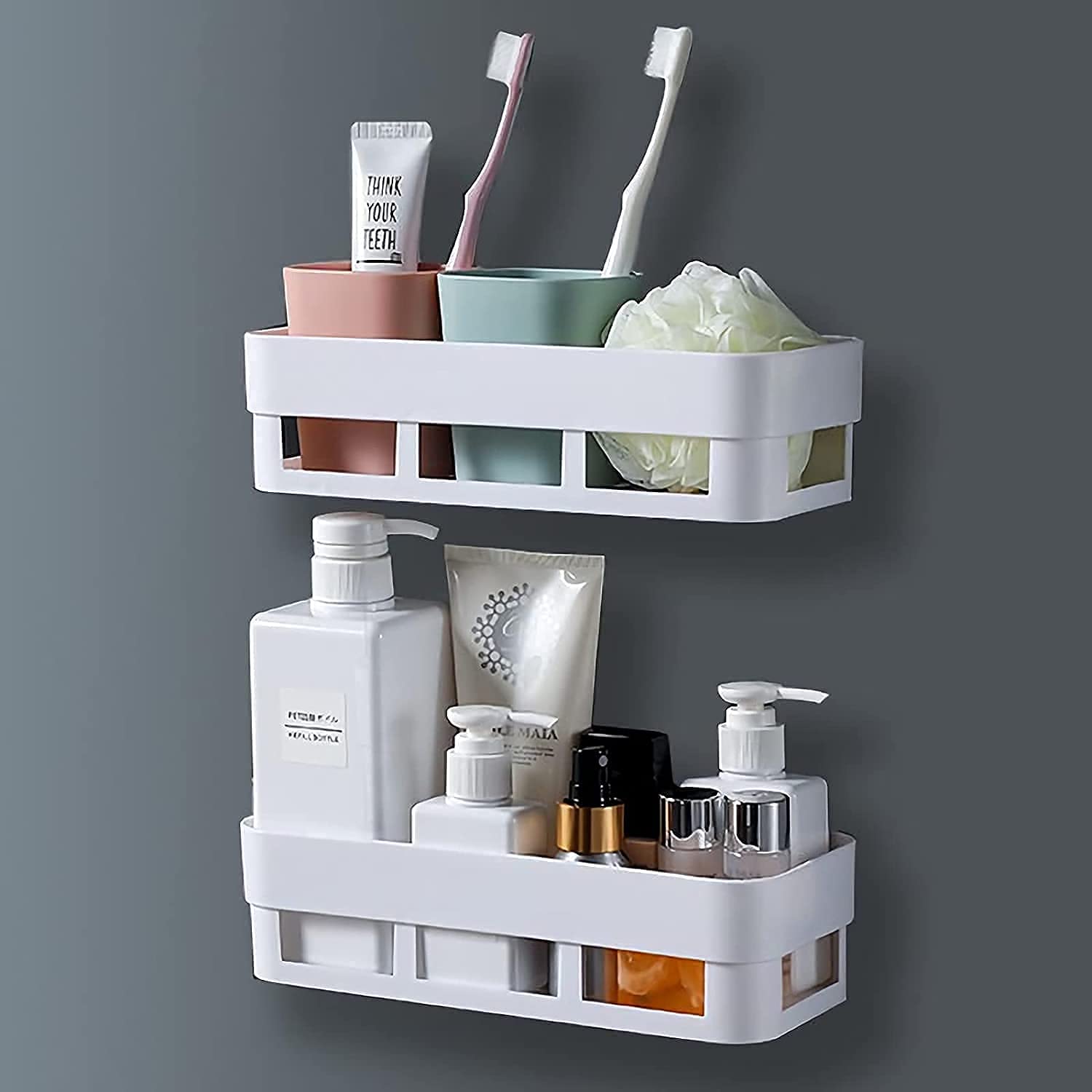SANTINASANTINA 2 Pc Self Adhesive Kitchen and Bathroom Shelves Wall Organizer Plastic Storage Shelf Fashion Simple Style Shower Organizer Rack Kitchen and Bathroom Storage Holder - Random Color