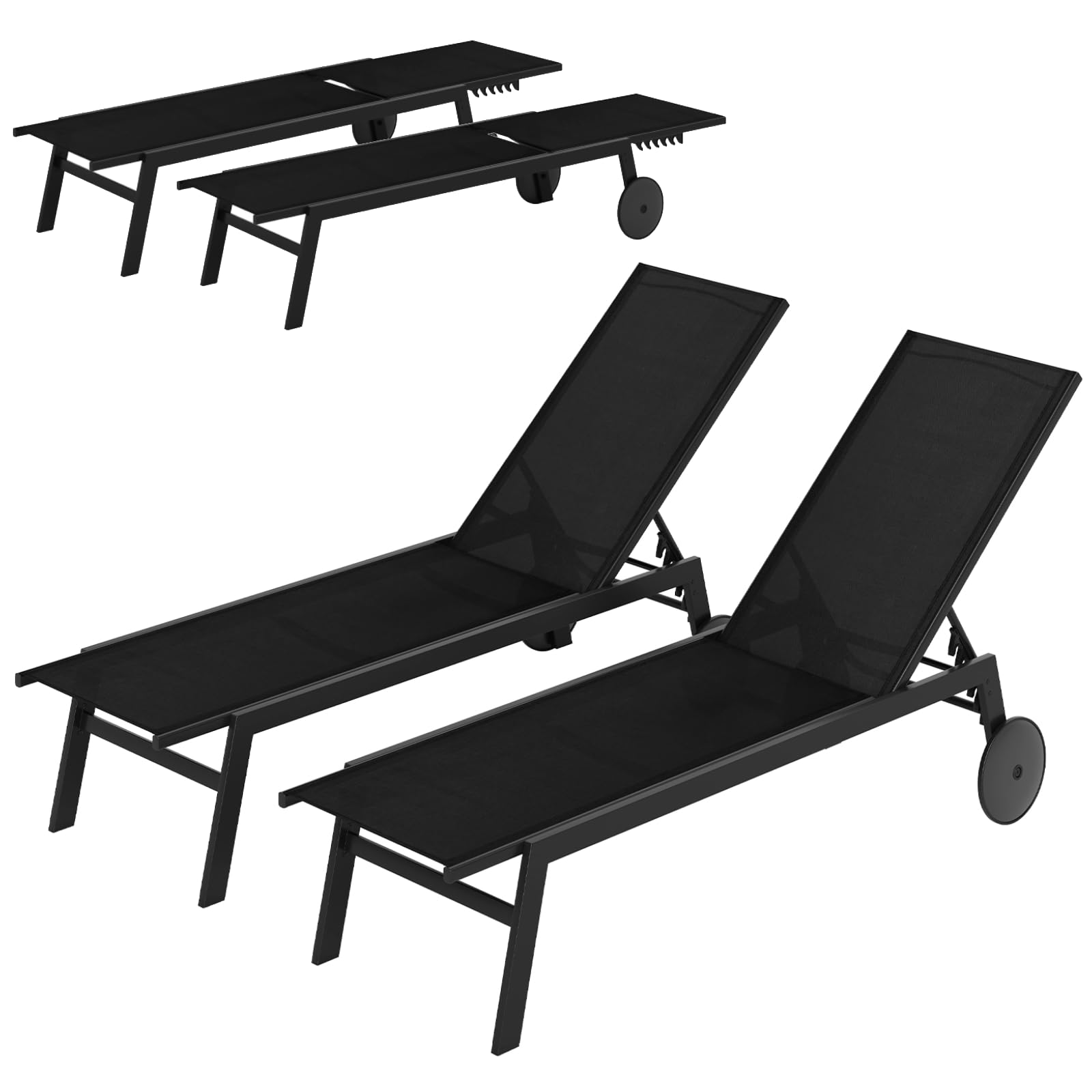 Multigot Outdoor Sun Lounger with Wheels, Set of 1/2 6-Position Adjustable Chaise Lounge Chair Metal Frame Garden Sunbed, Portable Fabric Reclining Chair Deck Chairs for Poolside (Black, 2PCS)