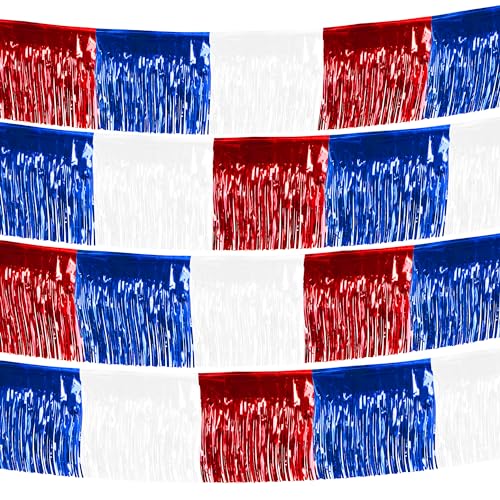 Image of 4 Packs 10 Feet Long Foil Fringe 4th of July Garland Memorial Day USA Red White Blue Independence Day Tinsel Metallic Patriotic Wall Hanging Banner for Car Parade Floats Garden Decorations