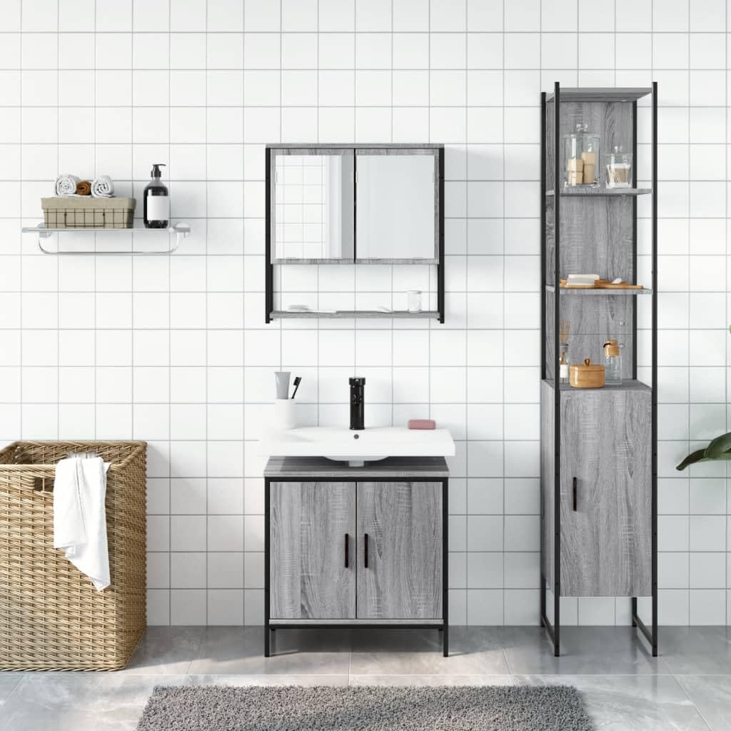 3-TLG. Badmöbel-Set Grau Sonoma Holzwerkstoff mit Spiegelschrank und Waschbeckenunterschrank, viel Stauraum, wandmontierbar, klare Glas-Spiegelfläche für Make-up und Rasur