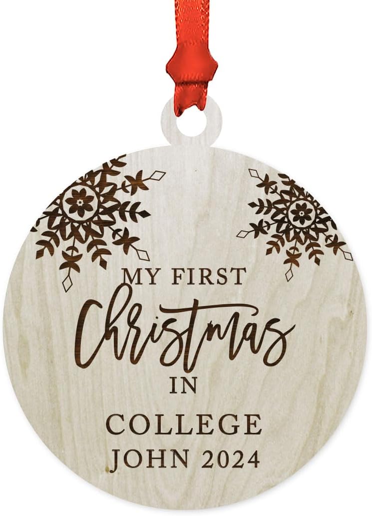 Andaz Press Personalized Graduation University Student Christmas Laser Engraved Wood Ornament, My First Christmas in College 2024, Snowflakes, 1-Pack, Includes Bag, Custom College Student Ornament