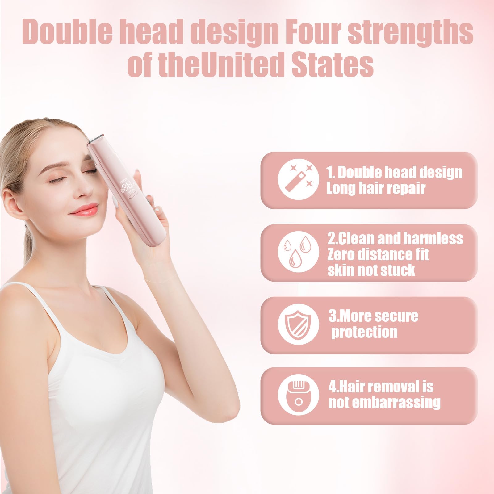 「Tondeuse à cheveux indolore pour femme | Deux lames pour bikini/aisselles/visage | Affichage de la puissance LCD et étanchéité IPX7 | Charge rapide USB-C | Coffret cadeau portable rose (rose)