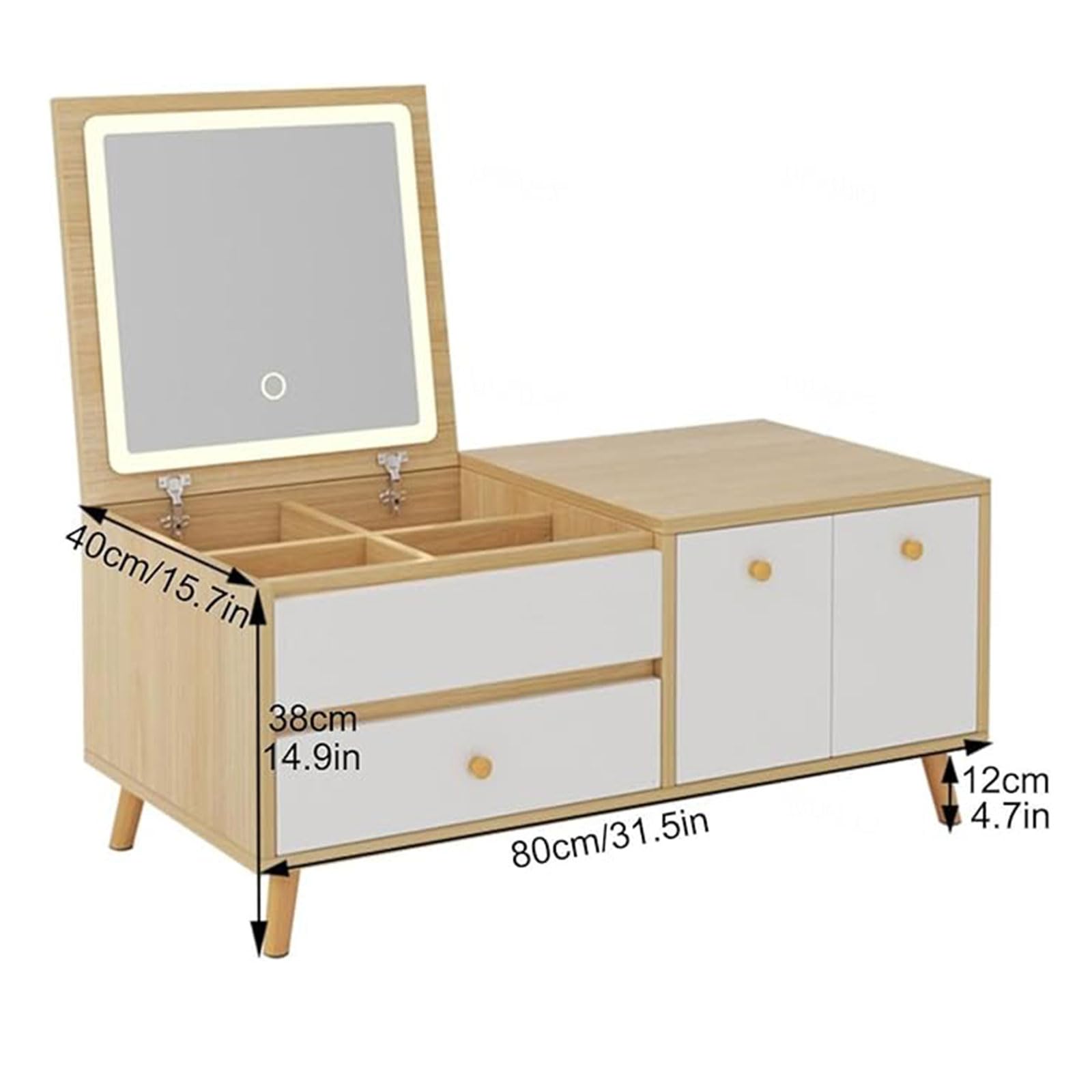 Podświetlana toaletka LED z lustrem typu flip top, mała toaletka do makijażu, z szufladami i szafką, drewniane meble do sypialni, na okno wykuszowe, kompaktowa, 80 x 40 x 38 cm