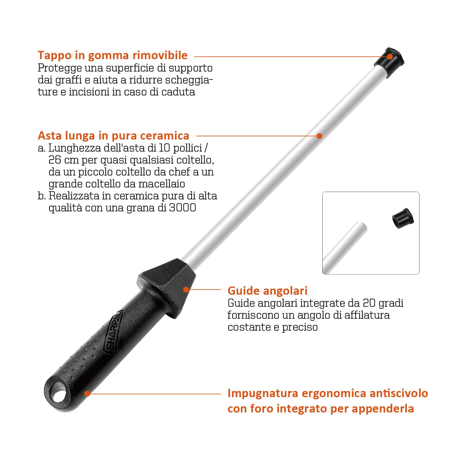 SHARPAL 118H Affilatura professionale in ceramica, asta per acciaio, bastone per coltelli da cucina con tappo anti-rottura, guida angolare integrata, grana 3000