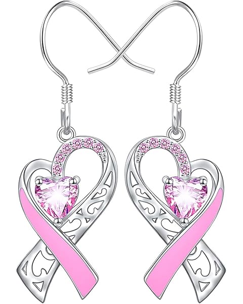Breast Cancer Awareness Necklace Earring for Women, Pink Ribbon Heart Dangle Drop P...