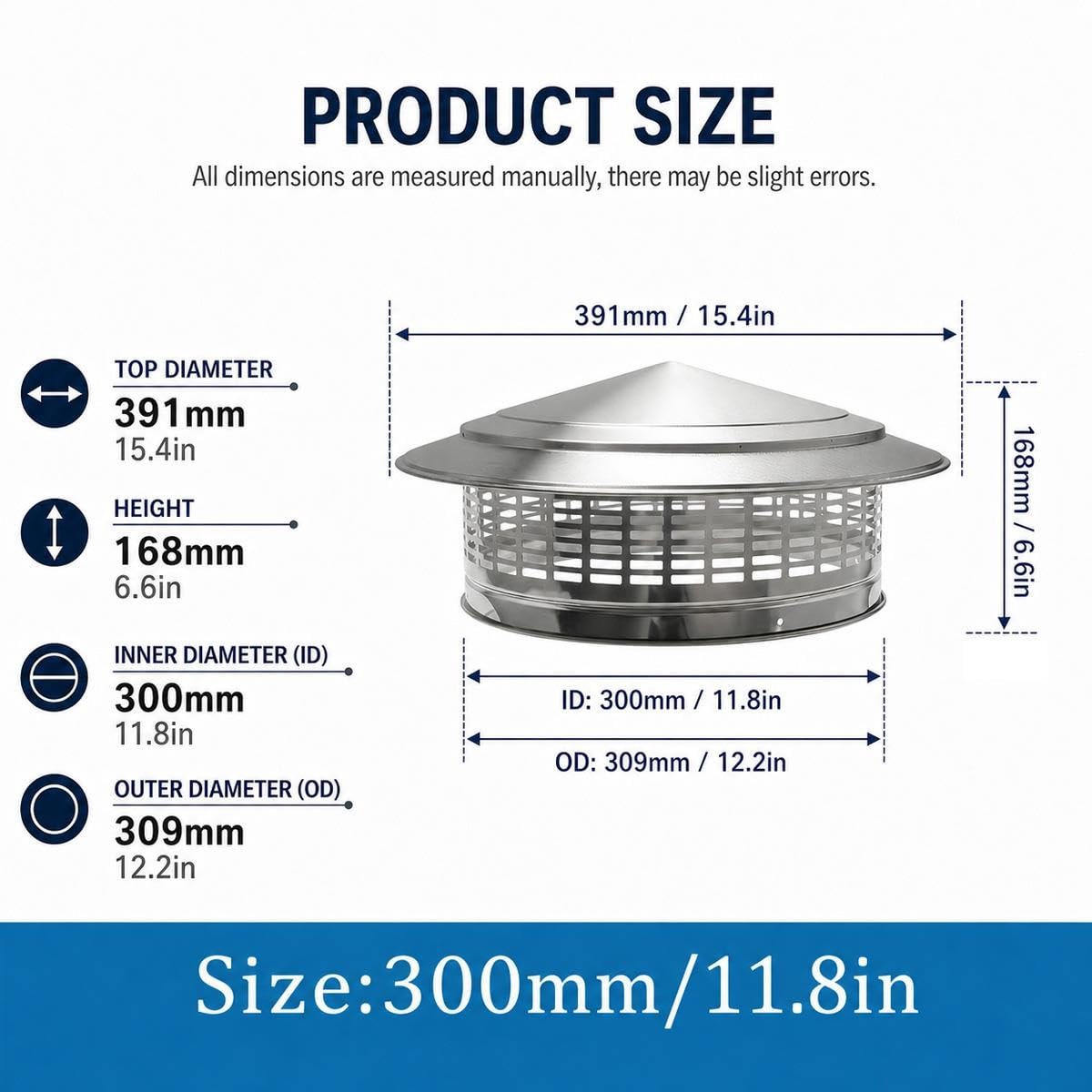 Comignolo in Acciaio Inox 304, Copertura per Canna Fumaria, Cappello Antipioggia 75/100/110/160/200/220/250/300/400mm Tappo di Sfiato per Tetto, Anti-uccelli Ventilazione(300mm/11.81in)