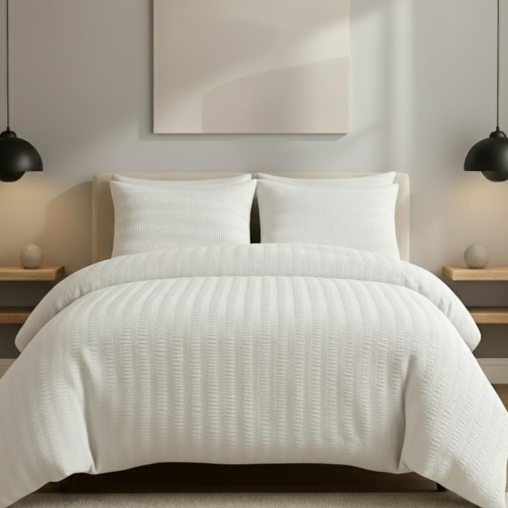 AHS - King White Seersucker Duvet Set Cover With Pillow Case - Multiple Sizes - Complete Bedding Set - Ultra Soft Brushed Microfiber - EasyCare & Machine Washable — image 1