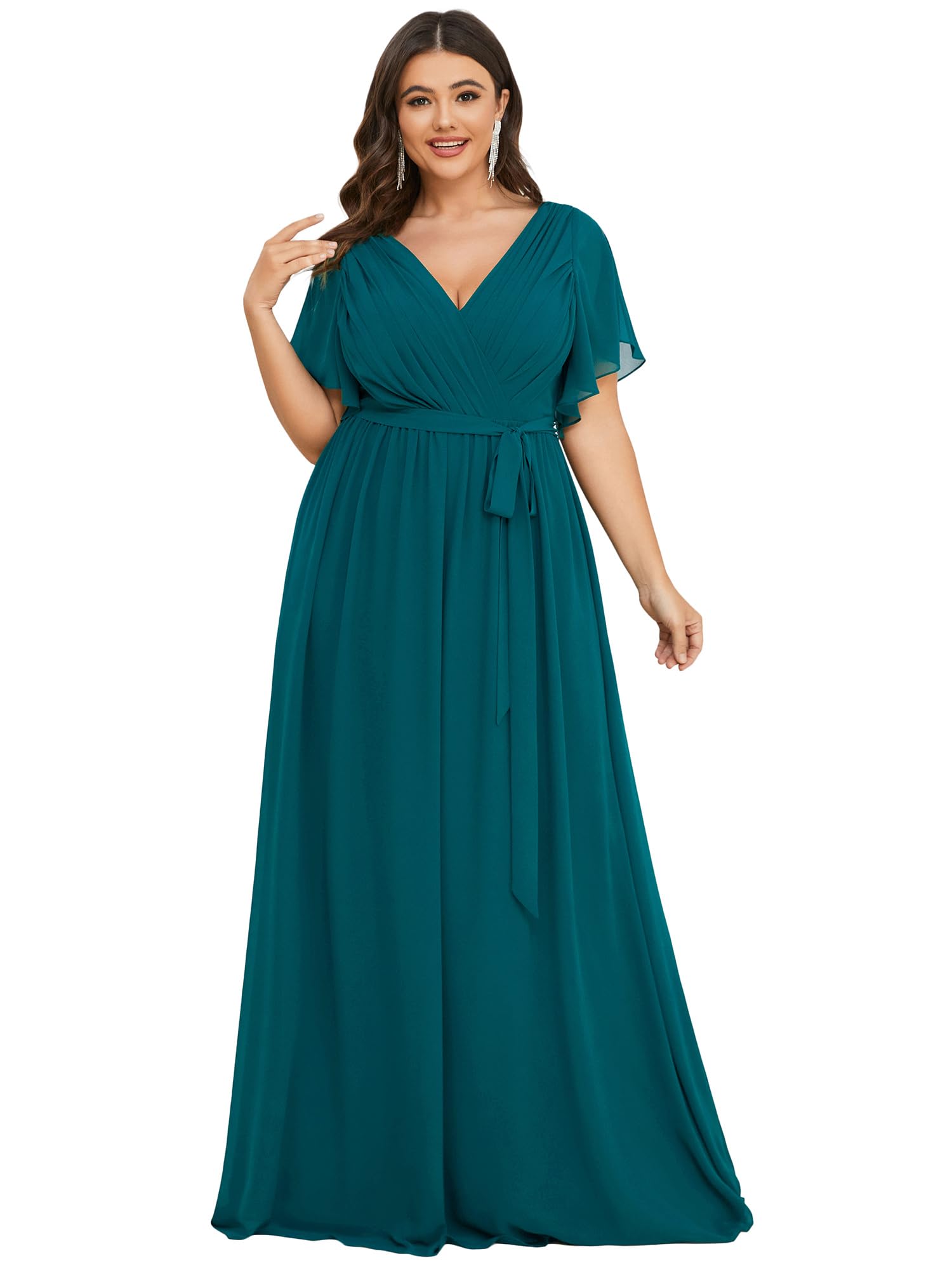 Ever-Pretty Plus Vestido formal de dama de honor para mujer, de gasa, acampanado, con cuello en V, cintura imperio, longitud hasta el suelo, talla grande