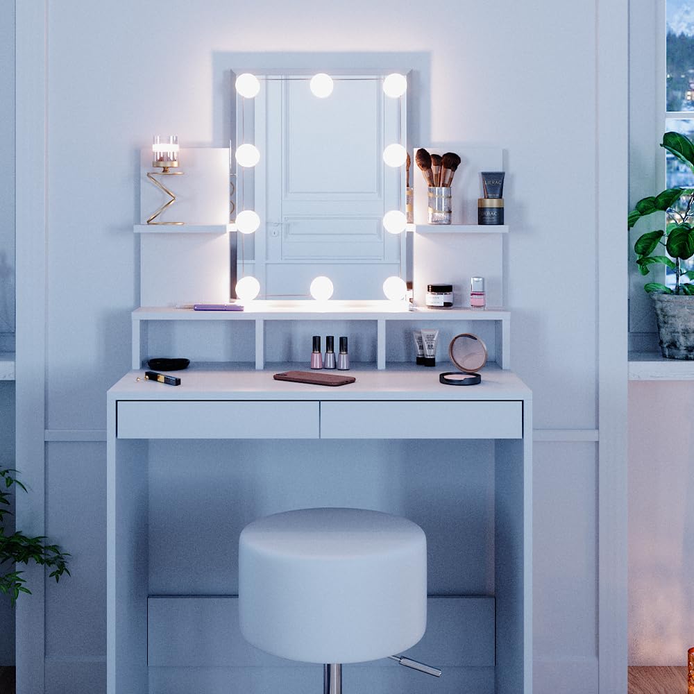 Vicco Coiffeuse Maggie blanche avec miroir LED et tabouret