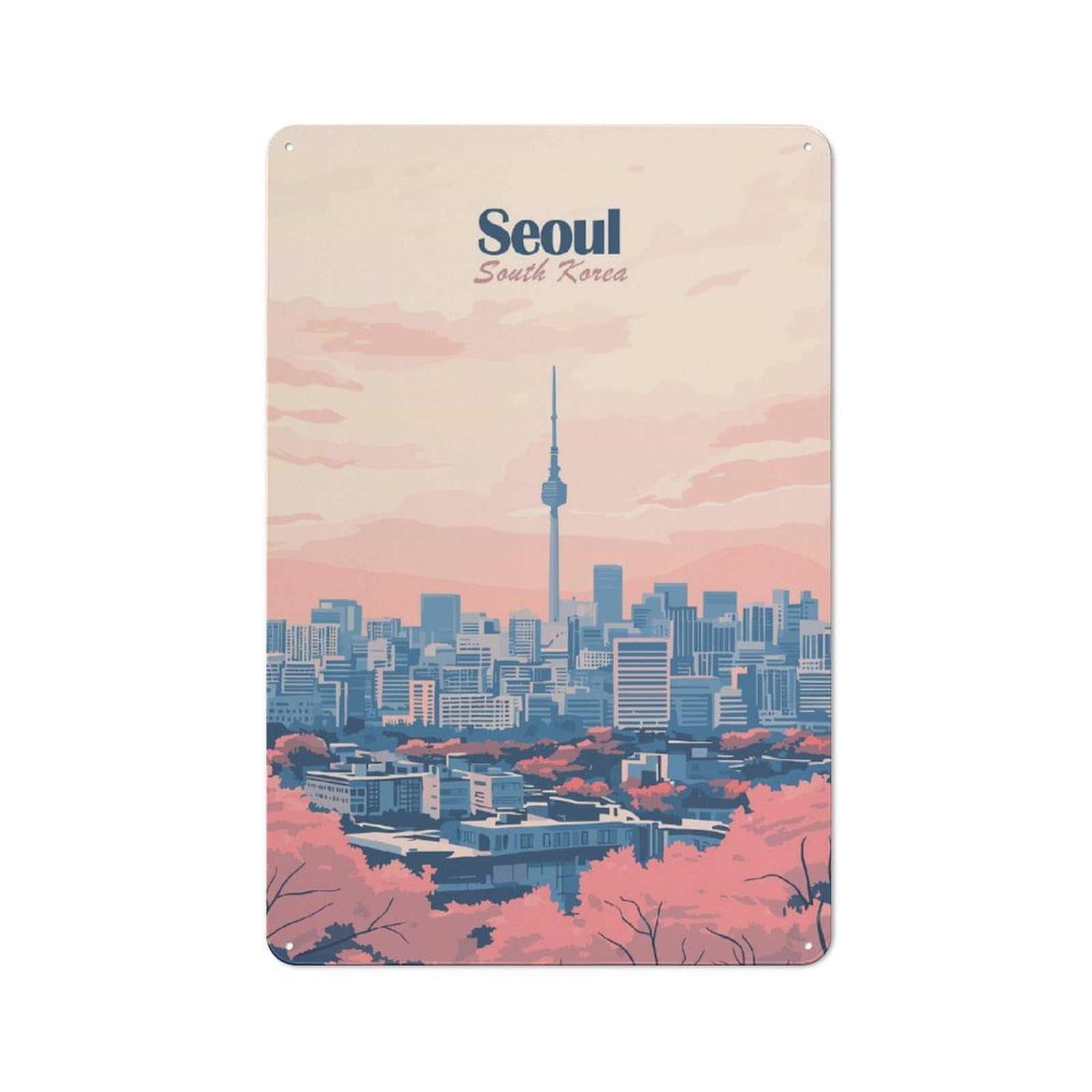 Seoul Skyline Illustration Decorative Metal Plaque 30x20cm, Loft Style Urban Room Decor for Flat, Bar, Studio Or Gallery Wall