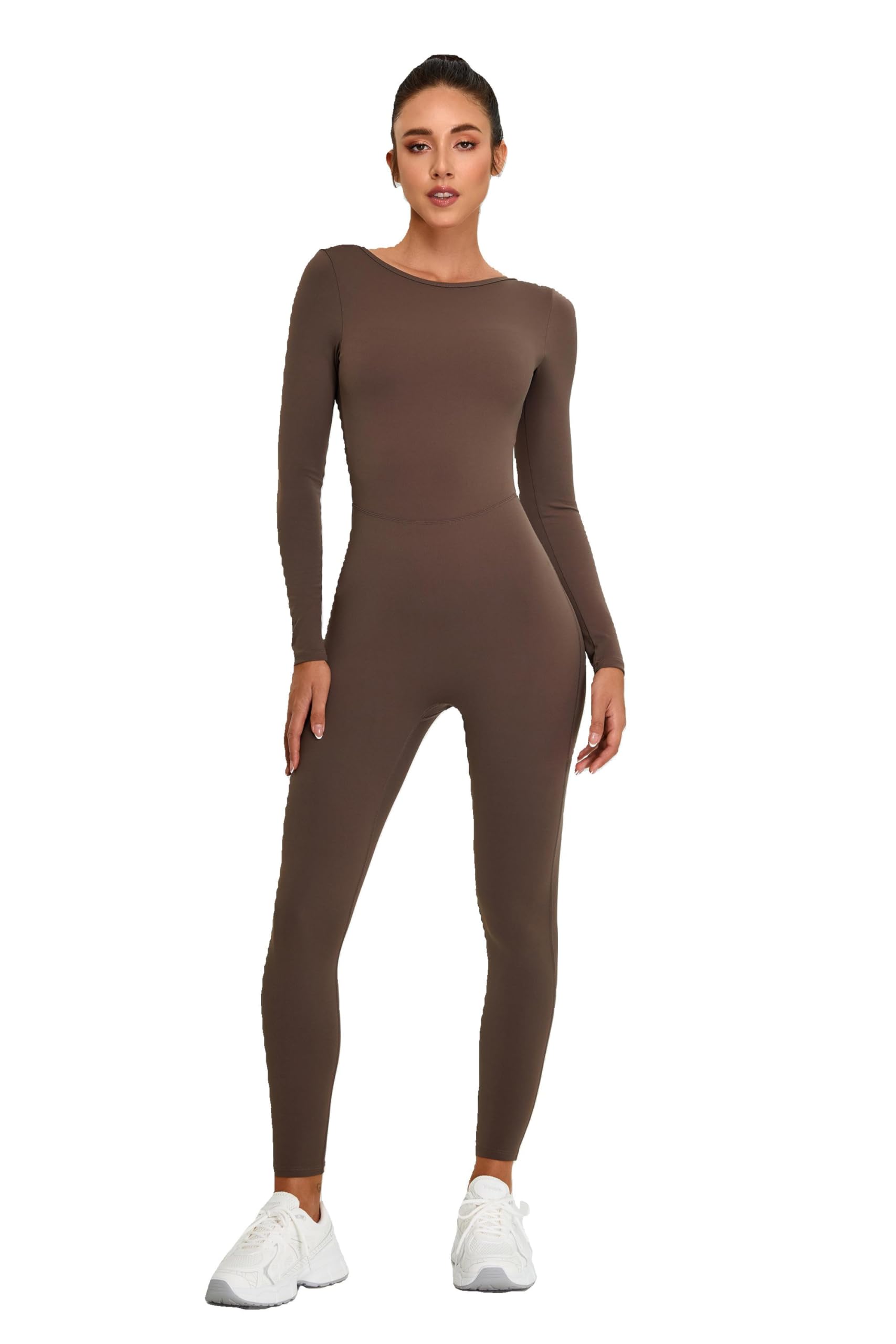 Women's Chocolate Full Jumpsuit | Open Back, Long Sleeve, Body-Hugging Fit | Removable Pads | Activewear for Gym, Yoga & Lounge-image-9