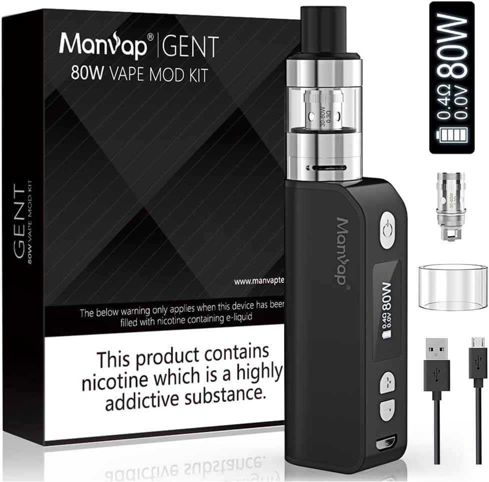 Manvap GENT Cigarettes électroniques E Cigarettes Vape Pen Starter Kits Batterie Rechargeable 80W E Cig Vaping 2200mAh 2ml Top Refill Atomiseur 0,3ohm Pas de...