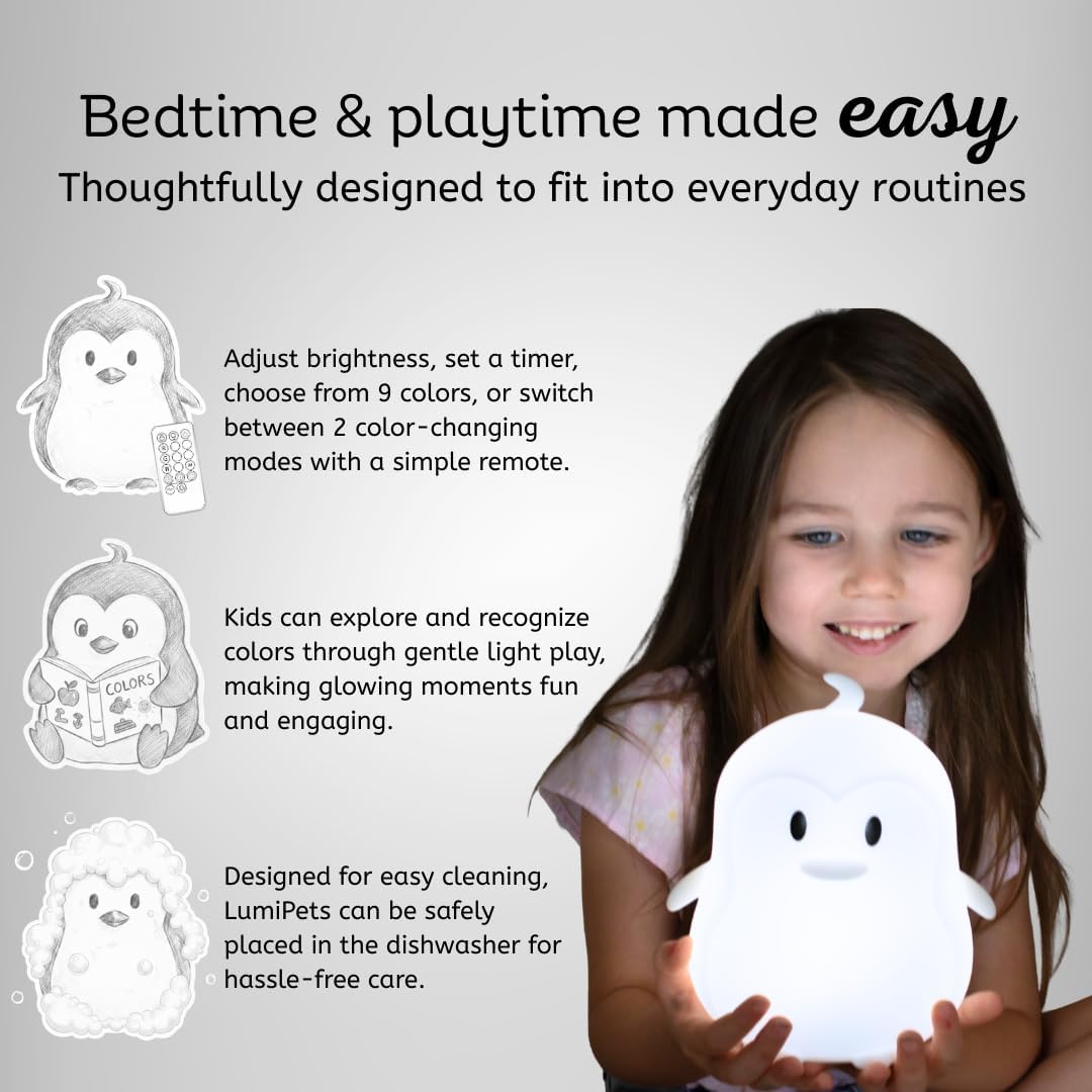 Lumipets Remote Control Silicone Night Light for Kids - Penguin Design with 9 Soft Colors & Sleep Timer - Rechargeable, Battery-Operated Lamp for Bedroom | Baby Nursery, Toddler, Girls, Boys