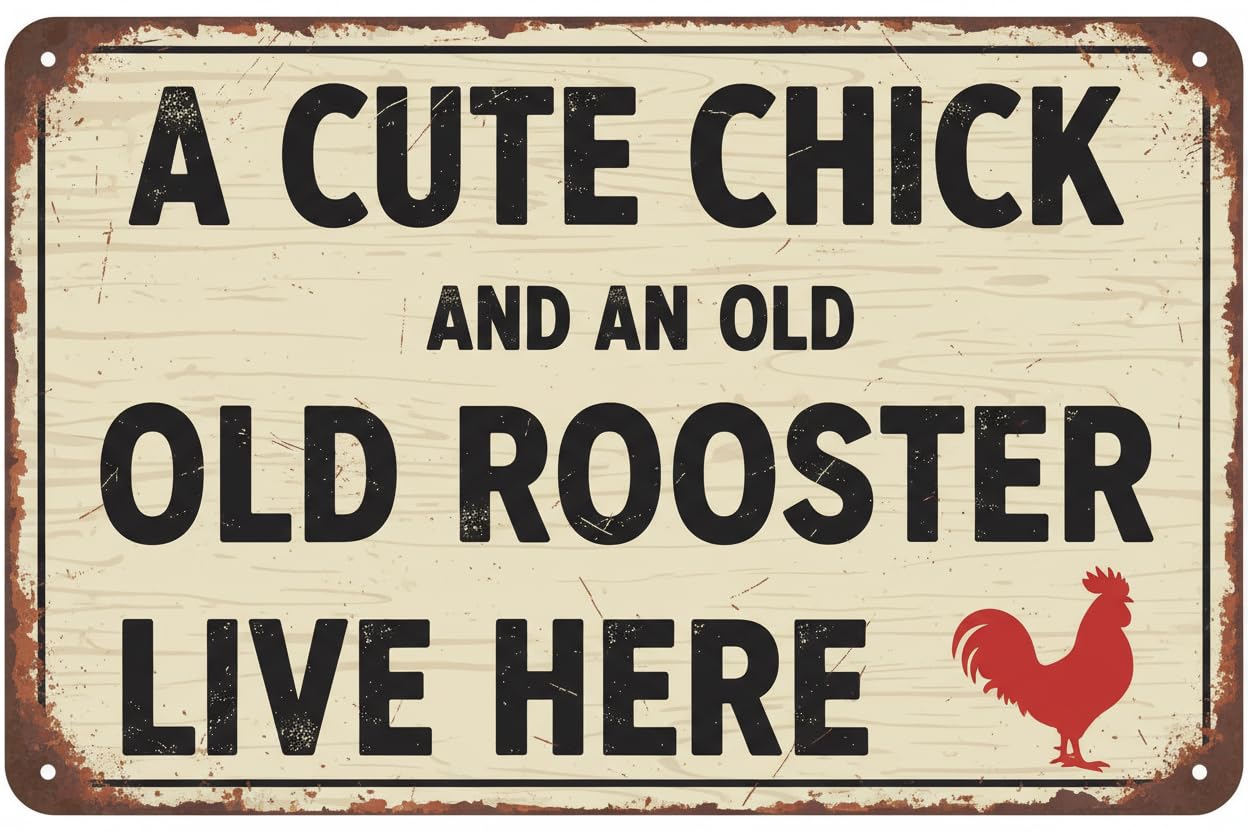 A Cute Chick & An Old Rooster Live Here Rustic Primitive Metal Sign 12"x8" Vintage Signs Aluminum Plates Printed