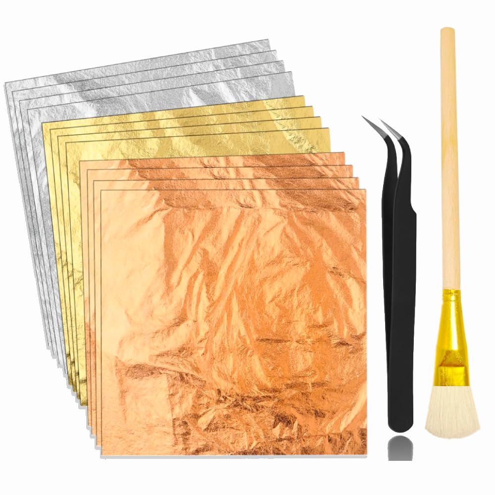 Gold Leaf Sheets for Art, 3 Colors 150 Sheet Gold Foil Sheets for DIY Crafts Decor,Painting, Resin, Nails, Gilding Craft, Bronzing, Furniture- Golden, Silver, RoseGold Foil Sheet With Tweezer & Brush