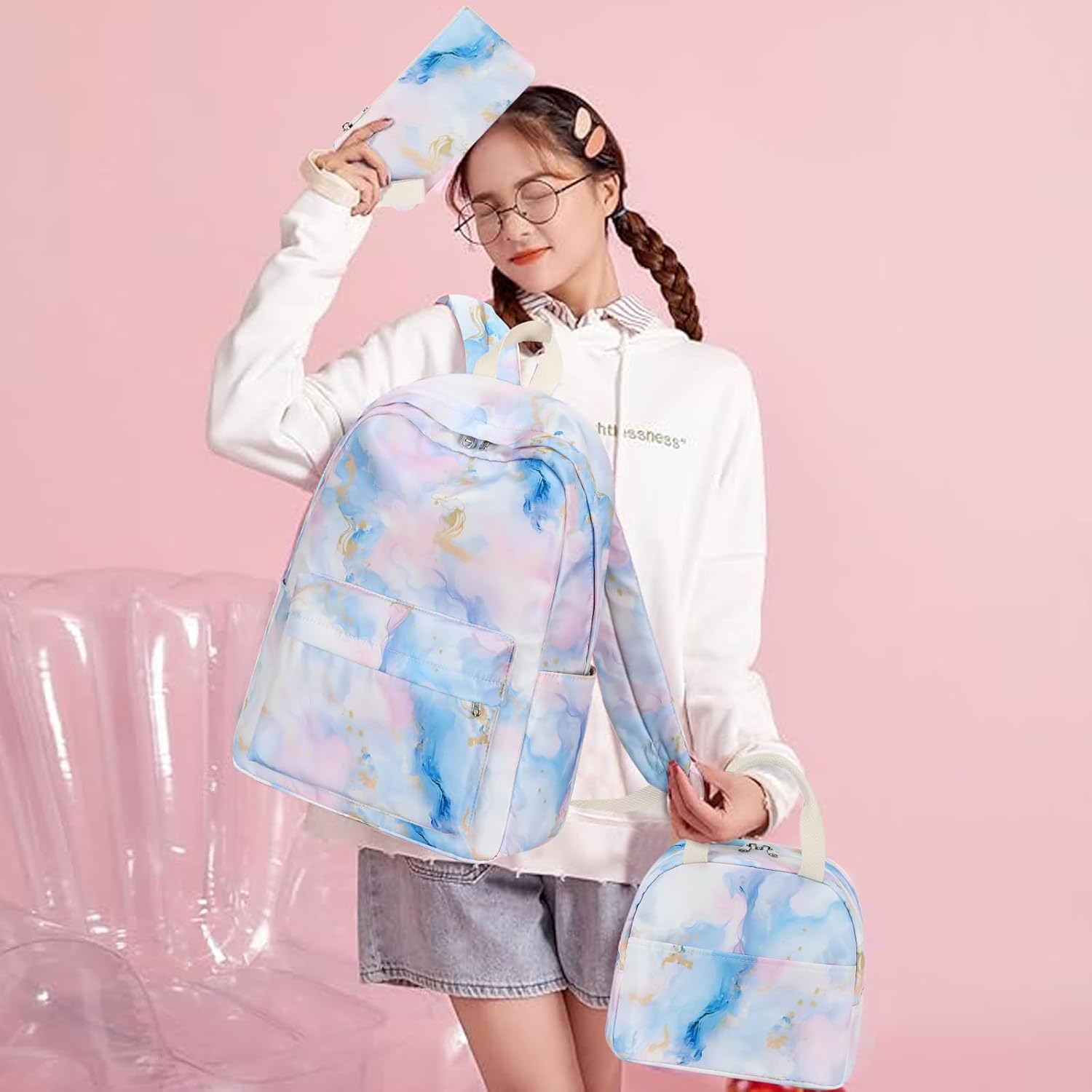 Bluboon Teen Girls School Backpack Kids Bookbag Set with Lunch Box Pencil Case Travel Laptop Backpack Casual Daypacks (Pink Blue Purple Gold Marble 99) - Image 2