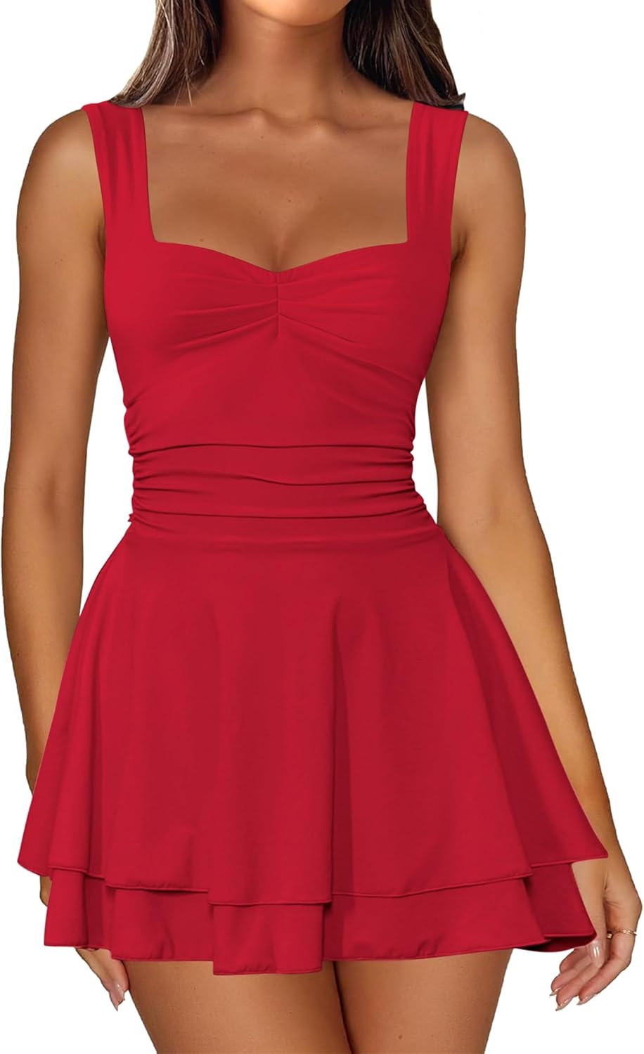 IWD Women's Square Neck Sleeveless Mini Dress Ruched Waist Tiered Ruffle Hem A Line Short Dresses