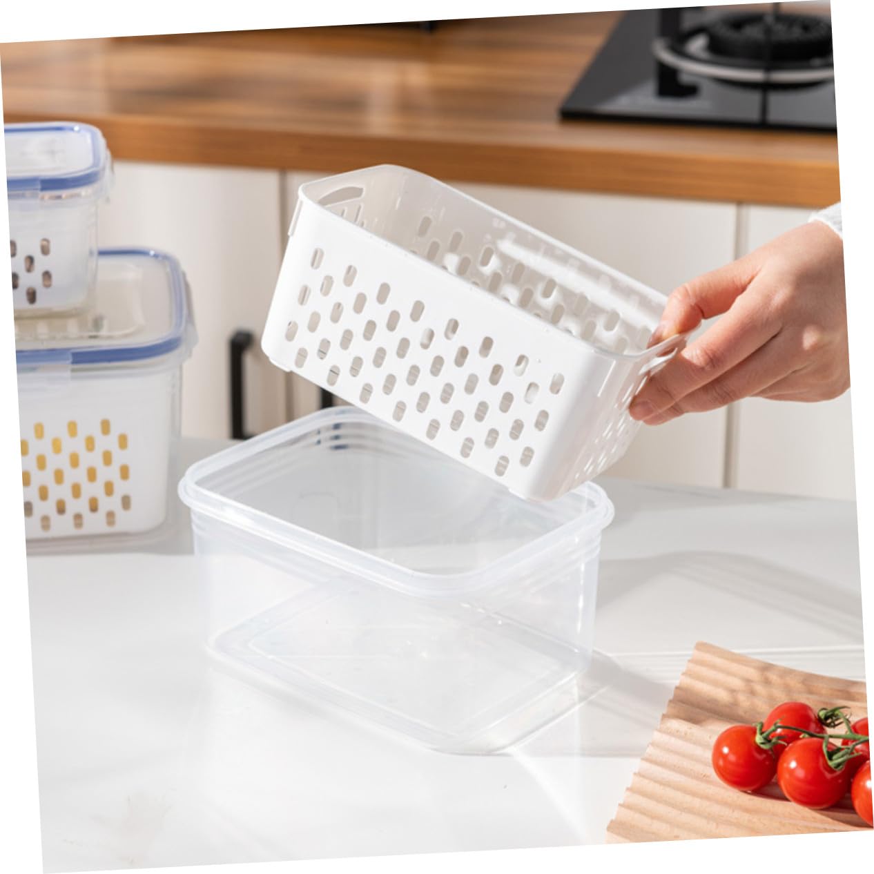 Alipis Set 3 Pezzi Contenitori per Frutta e Verdura con Coperchio, Design Trasparente in Pp, Capacità 850ml 1750ml 3300ml con Scolapiatti Rimovibile per Frigorifero