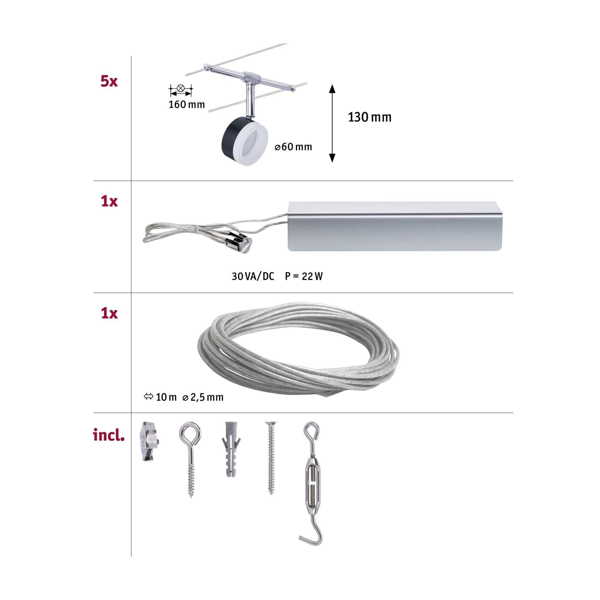 Paulmann 94457 Kit d'éclairage LED ClearLED DC avec 5 x 4 W extensibles Noir en métal chromé 2700 K
