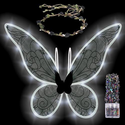 Funcredible Fairy Costume Accessories - Light Up Fairy Wings, Flower Crown, Glitter - Tooth Fairy Outfit for Women and Girls