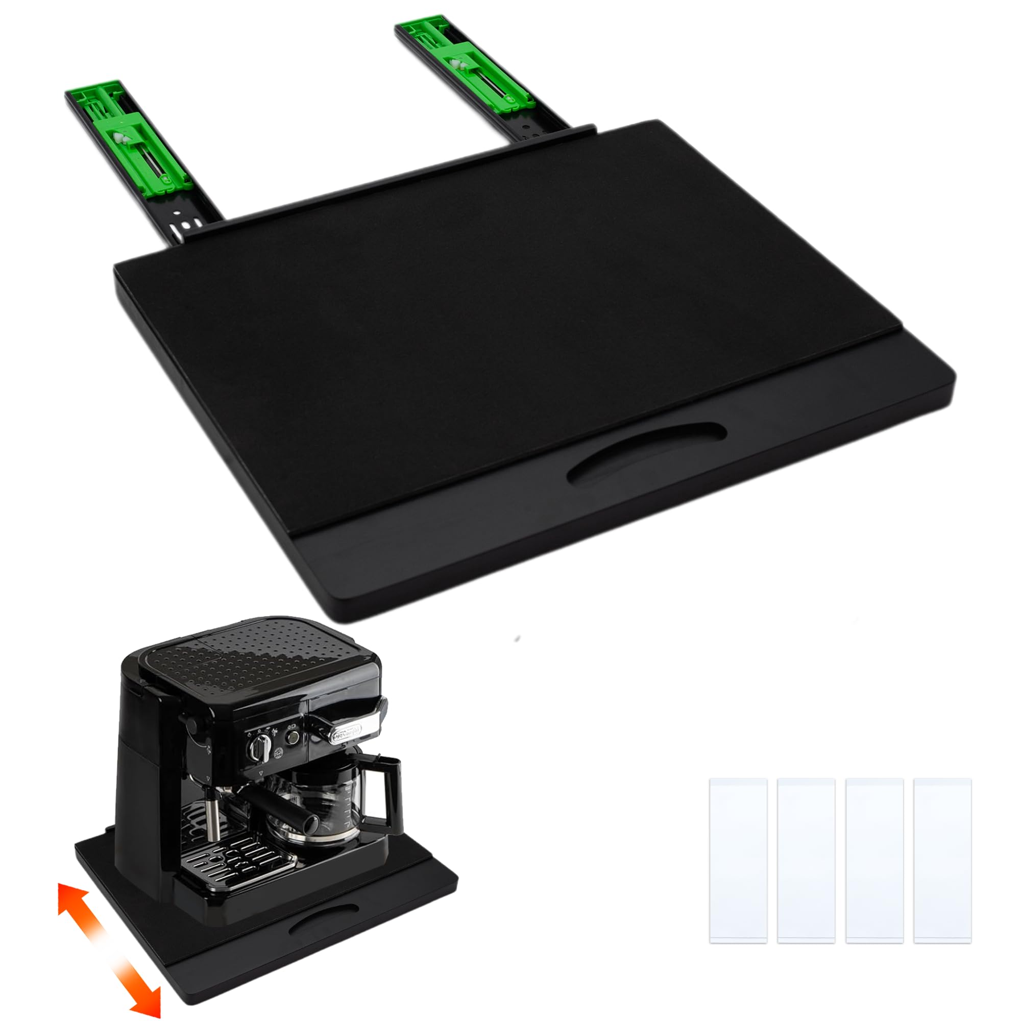MinBoo Bambus-Geräteschieber, Schiebe-Tablett für Kaffeemaschine, Küchen-Arbeitsplatte, Rolltablett, lässt Sich leicht unter den Schrank schieben, breit, schwarz, groß (40,6 cm B x 33 T)
