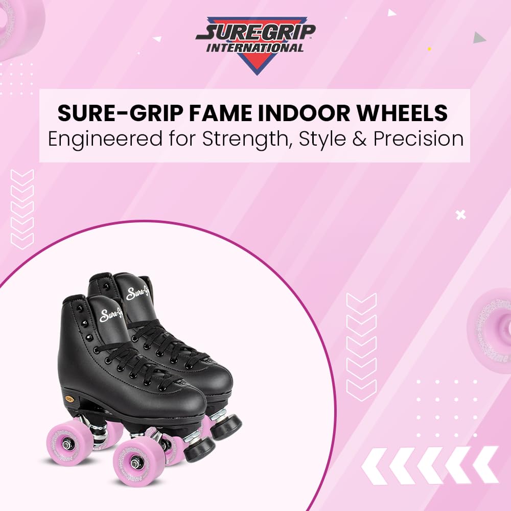 Sure-Grip Fame Indoor Wheels - Durable Nylon Build with Durometer of 95A and Diameter of 57mm - Ideal for Artistic Skating on Smooth Surfaces - Diverse Color Options - Set of 8 Wheels (Light Pink)