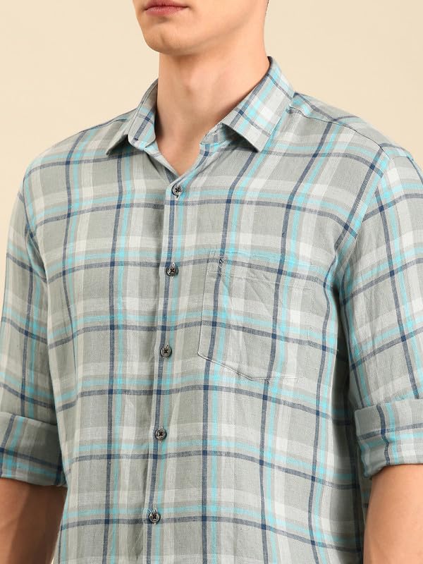 Image of Linen Club Men's Pure Linen Checked Contemporary Fit Full Sleeve Casual Shirt