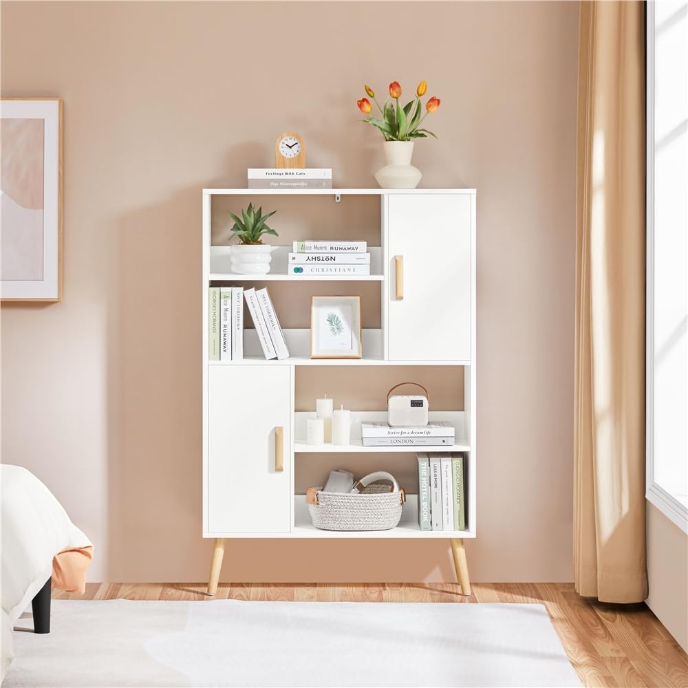 Yaheetech Librería de Madera Estantería de Libros | con 2 Armarios con Puerta y 4 Estantes Abiertos Armario Auxiliar con Patas para Estudio, salón, Dormitorio, Oficina Blanco
