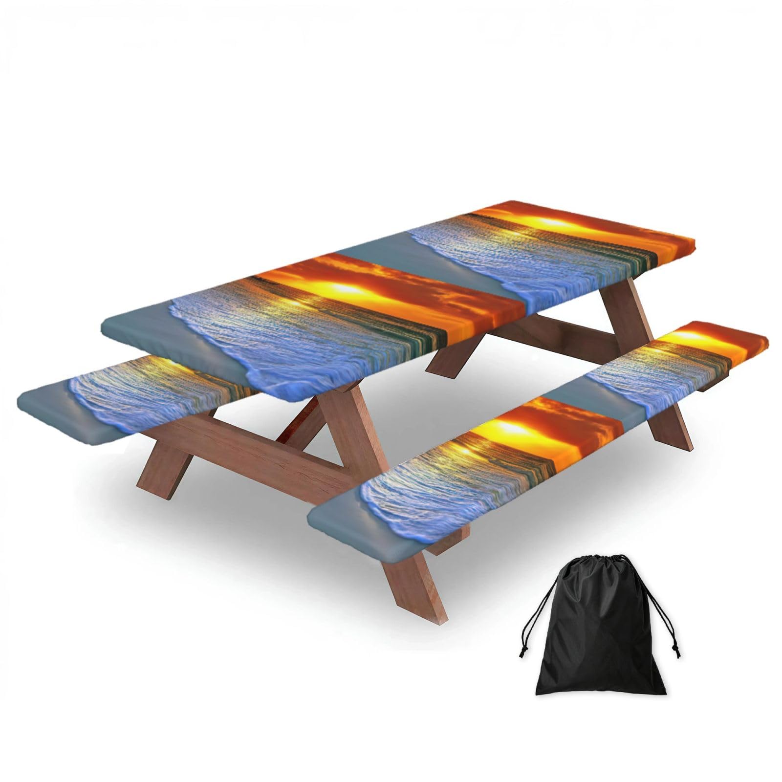 Yqxwjl Black Beach With Sunset Print Camping Essentials Waterproof Camping Table And Bench Cover With Drawstring Bag 183 Cm