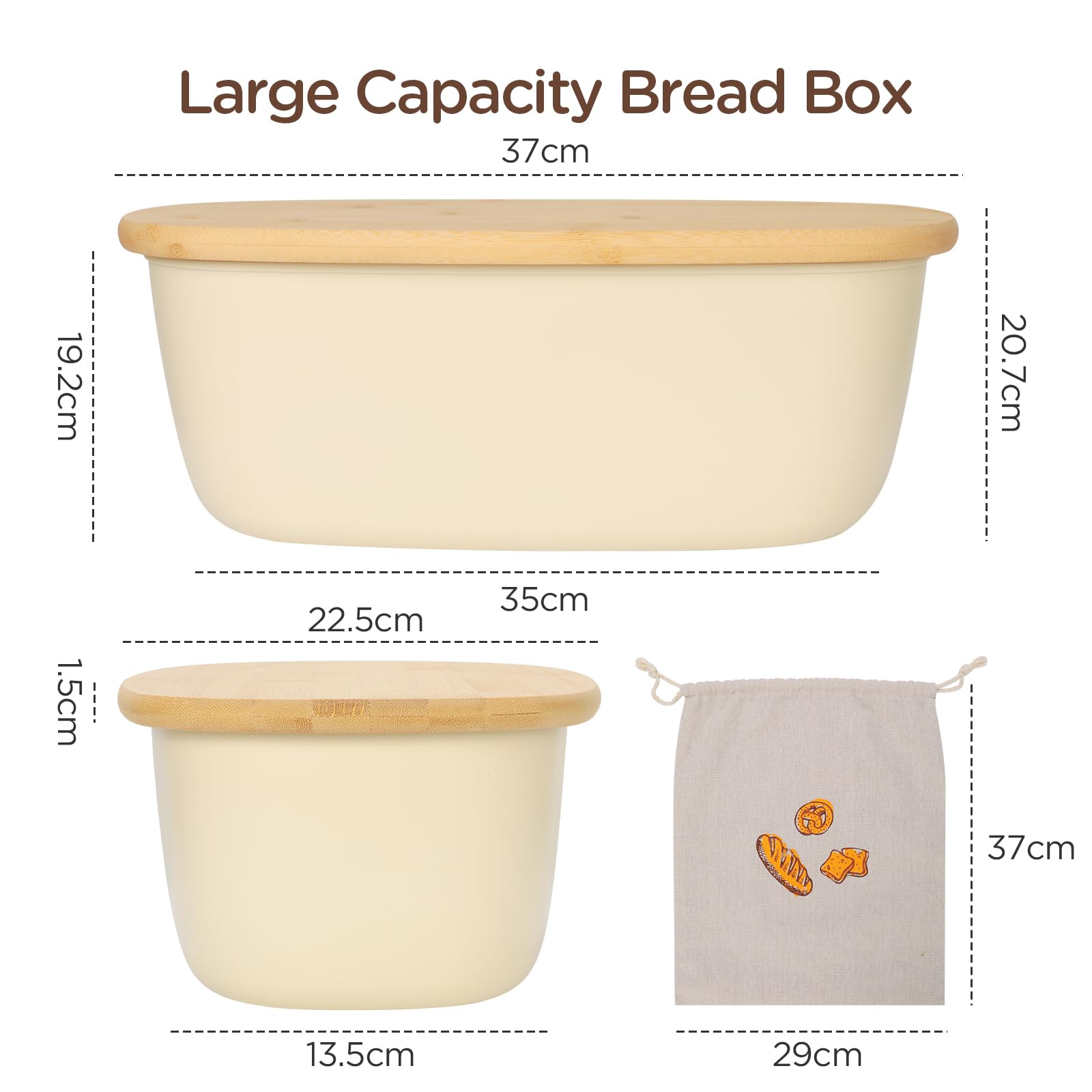 VINATO Scatola per Pane in Plastica con Coperchio in Bambù, 6L - Portapane con Sacchetto in Cotone, Bread Box