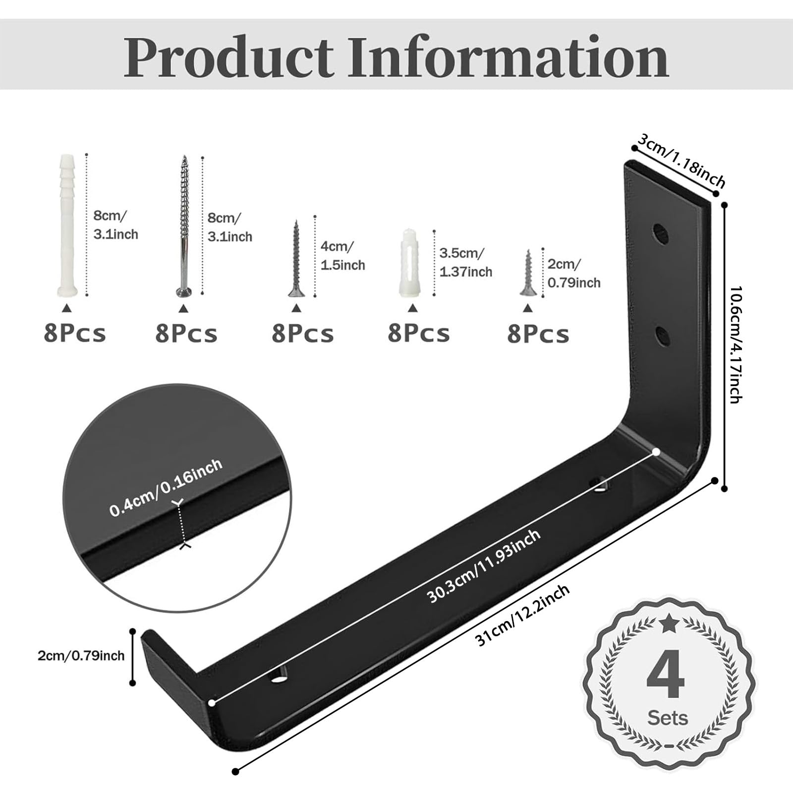 4Pcs Heavy Duty Shelf Brackets, 300mm(12 inch) Black Industrial Metal Scaffold Board Shelf Bracket - Image 2