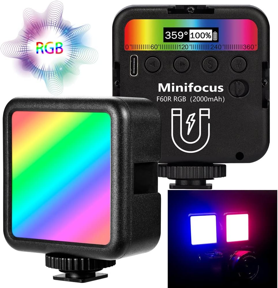RGB Video Light, MINIFOCUS F60R 360° Full Color LED Camera Lights, 6W 2000mAh Rechargeable CRI≥98 2500-9000K Dimmable Portable LED Video Fill Light Panel