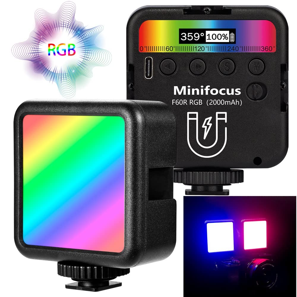 RGB Video Light, MINIFOCUS F60R 360° Full Color LED Camera Lights, 6W 2000mAh Rechargeable CRI≥98 2500-9000K Dimmable Portable LED Video Fill Light Panel