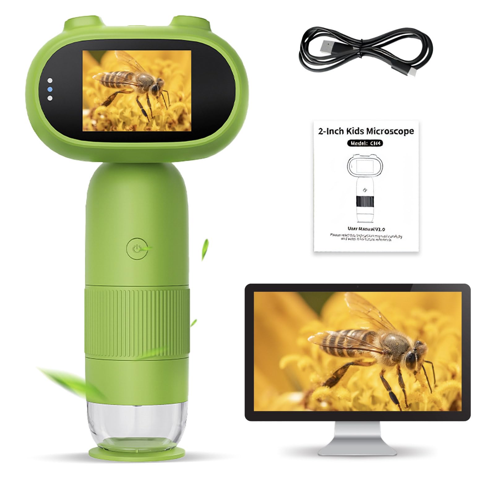 Microscopio Digitale 1000X Professionale per Studenti e Appassionati, Schermo IPS 2.0", 8 LED Regolabili, Strumento Scientifico per Macro-Fotografia (Verde)