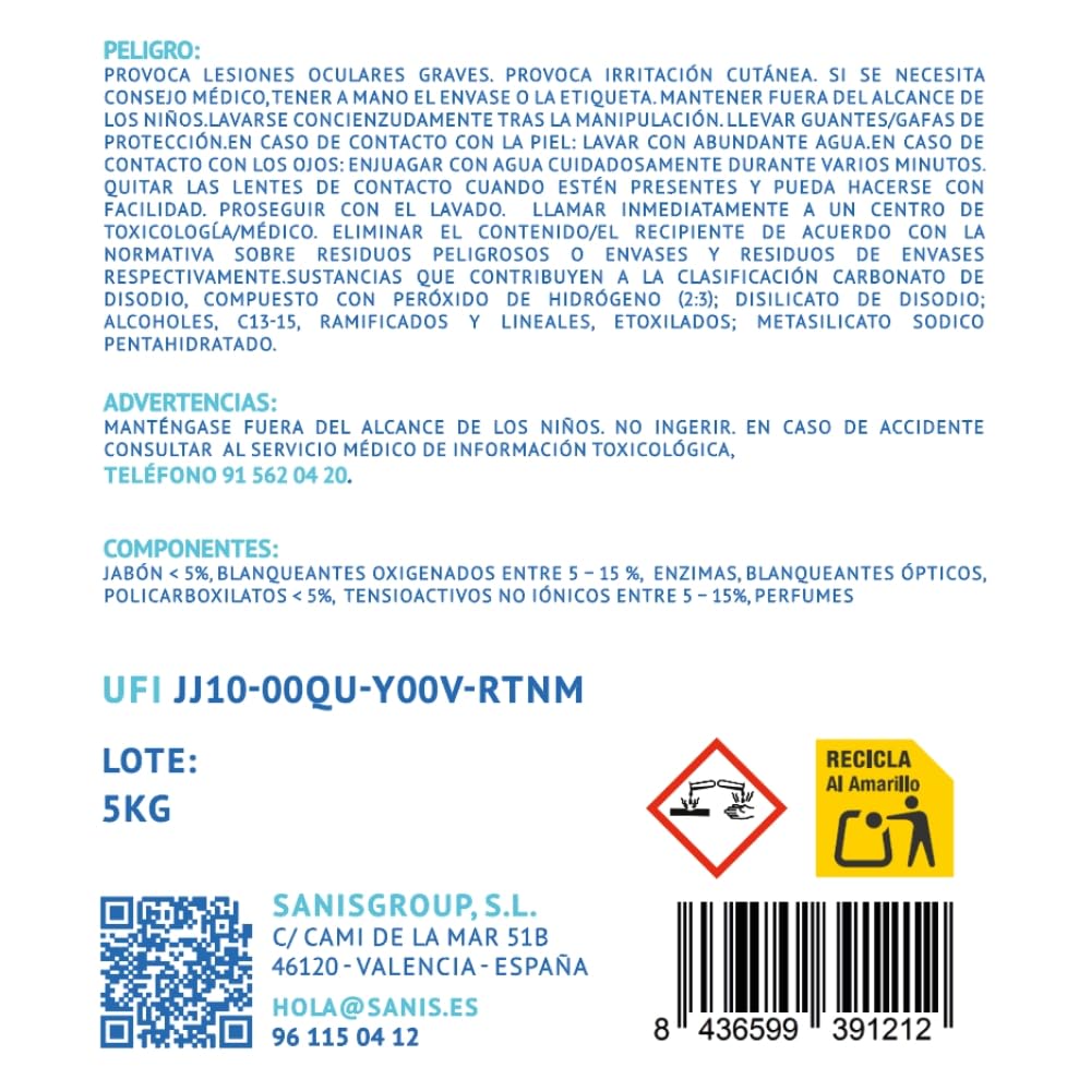 SanisWash, Detergente en Polvo con Oxígeno Activo, Detergente para Lavadora, Eficaz Incluso a 20º, Elimina el Olor en la Ropa Deportiva, Ropa Limpia y Fresca, 165 Lavados, 5Kg