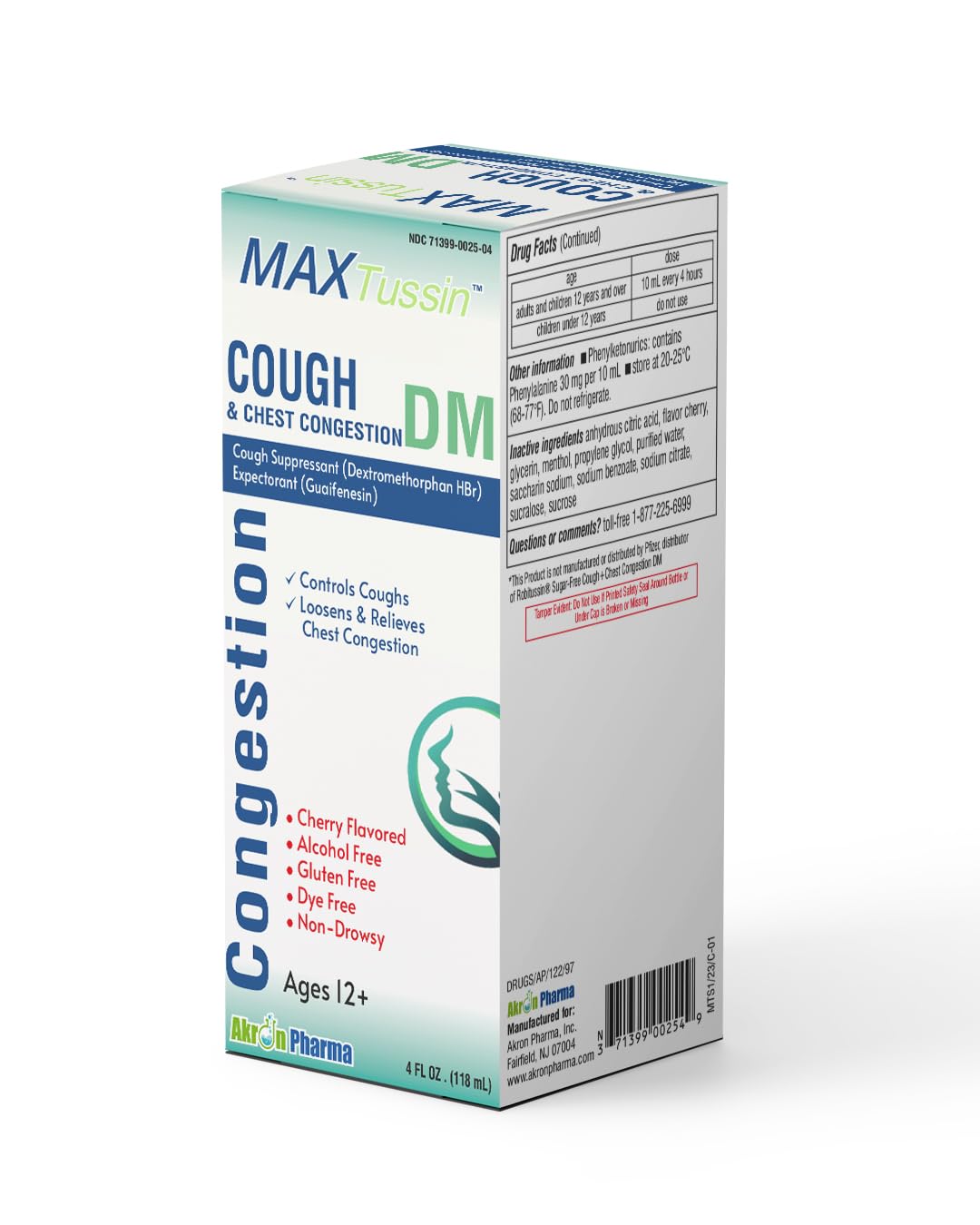 ONELAX MaxTussin™ Dextromethorphan HBr and Guaifenesin Liquid, Cough Suppressant and Chest Congestion Relief Syrup, Cherry Flavored, Non-Drowsy, Alcohol-Free, Ages 12+ - 4 oz