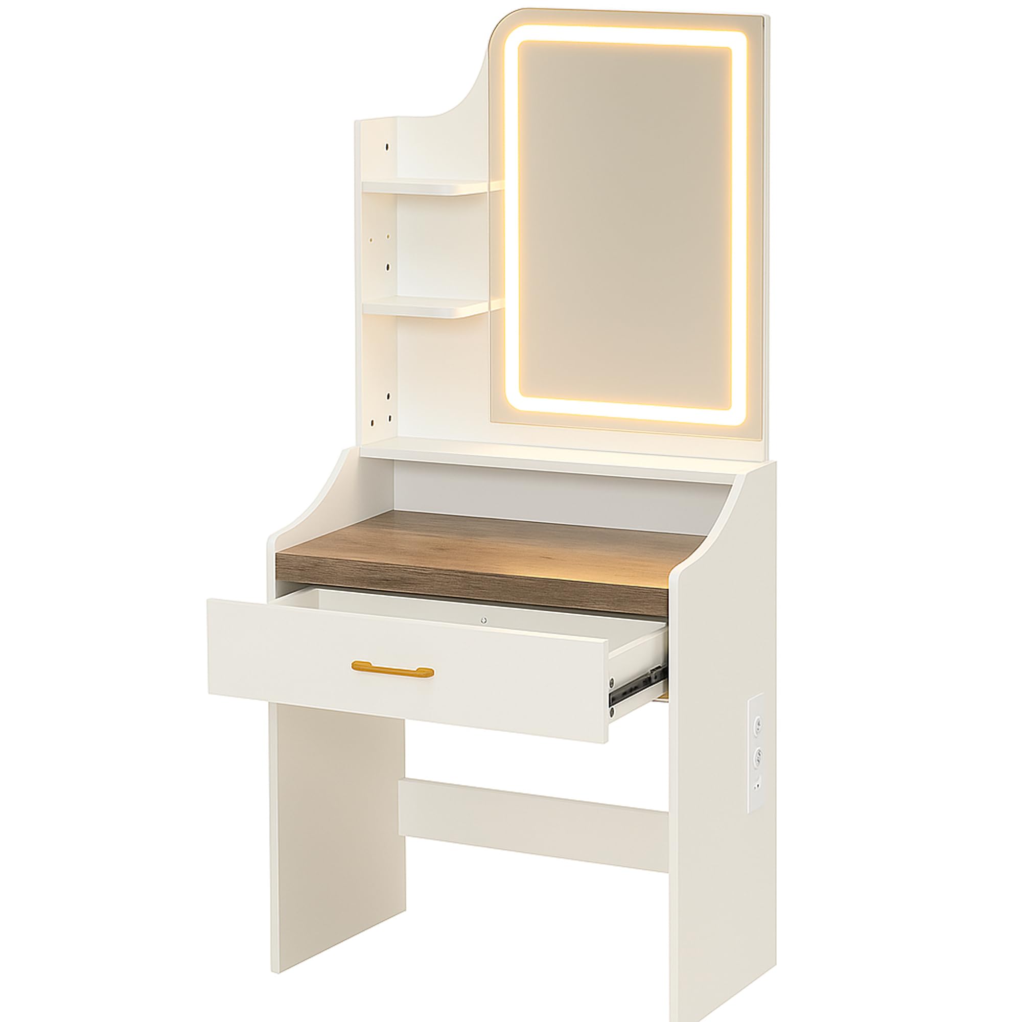 FRANKYSTAR Afrodite - Toeletta Trucco Consolle con Luce LED Cassetto 3 Ripiani e Prese Postazione Make Up in Legno Bianco