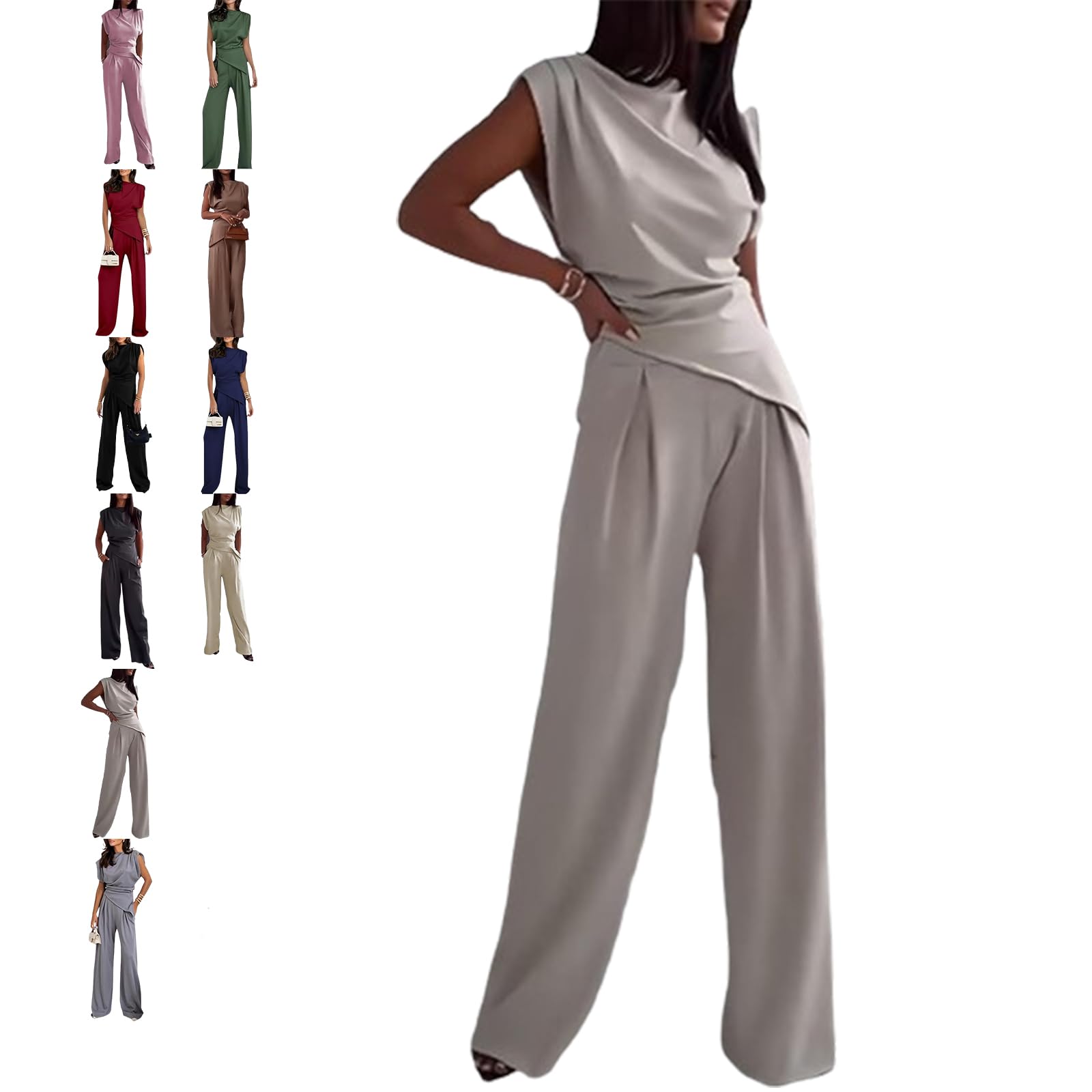 QingxingFa Two Piece Outfit,Summer Comfortable Stylish Casual Formal Outfits,Casual Stylish Tank Top Wide Leg Pants (white,L)