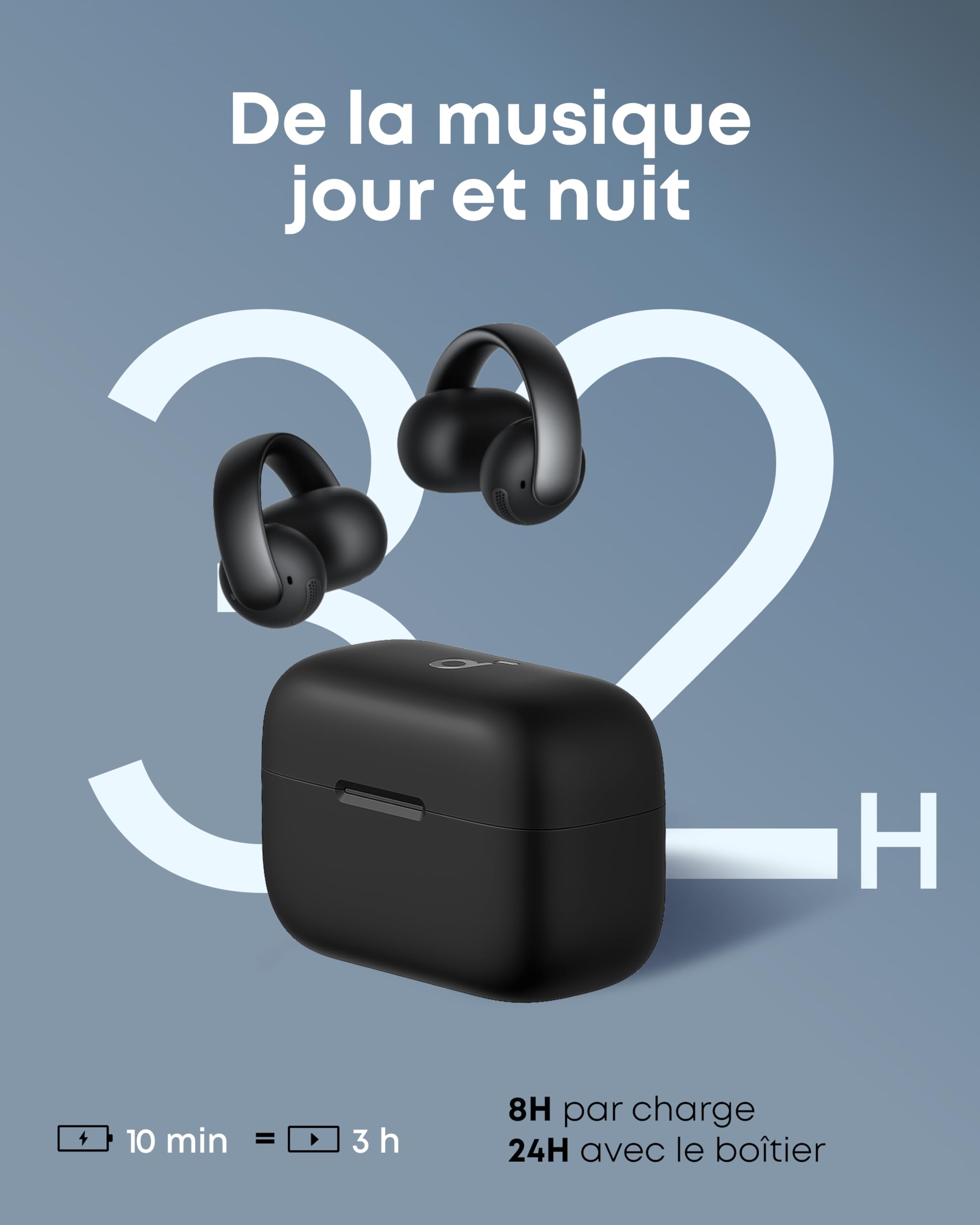 soundcore AeroClip by Anker, écouteurs Oreilles Libres à Clip, Confort adaptatif, appels clairs avec 4 micros et IA, Stables, Haut-parleurs de 12 mm, Design en Anneau Ouvert