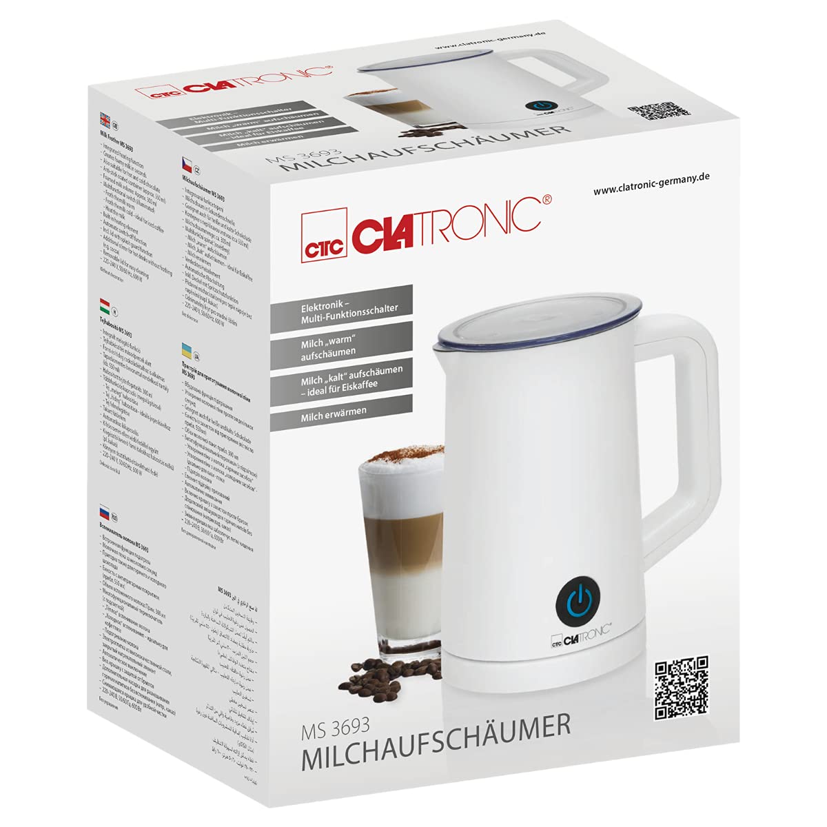 Clatronic MS 3693 - Batidora Espumadora de leche eléctrico automático, recipiente 550ml, función calentar/frío, apagado automático, 500W, color blanco