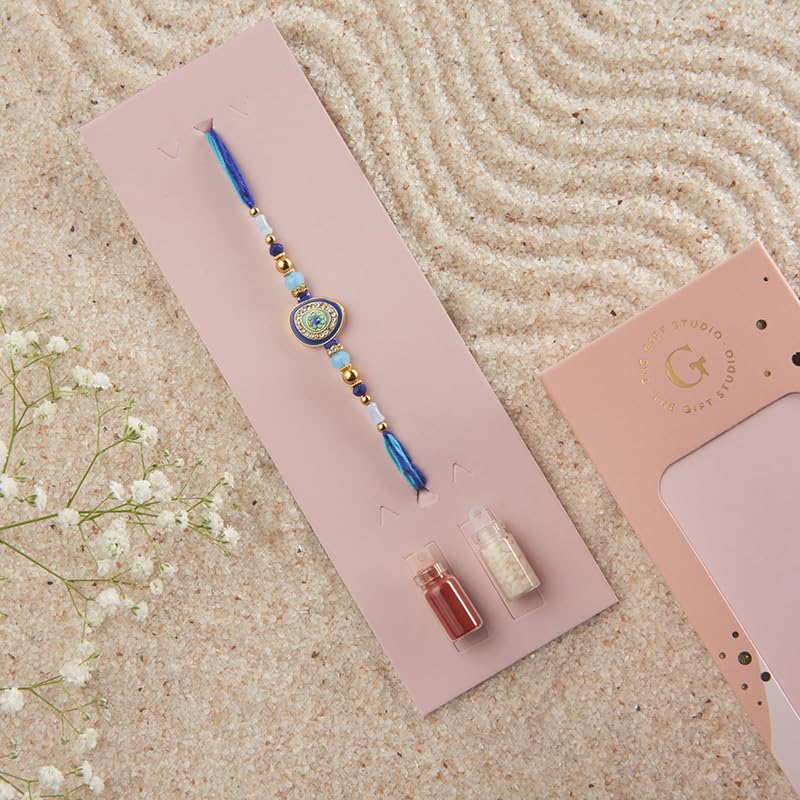 Image of THE GIFT STUDIO.COM | Evil Eye Stone Rakhi for Brother | Handmade Design | Blue Bead Raksha Bandhan Thread | Traditional Evil Eye Rakhi