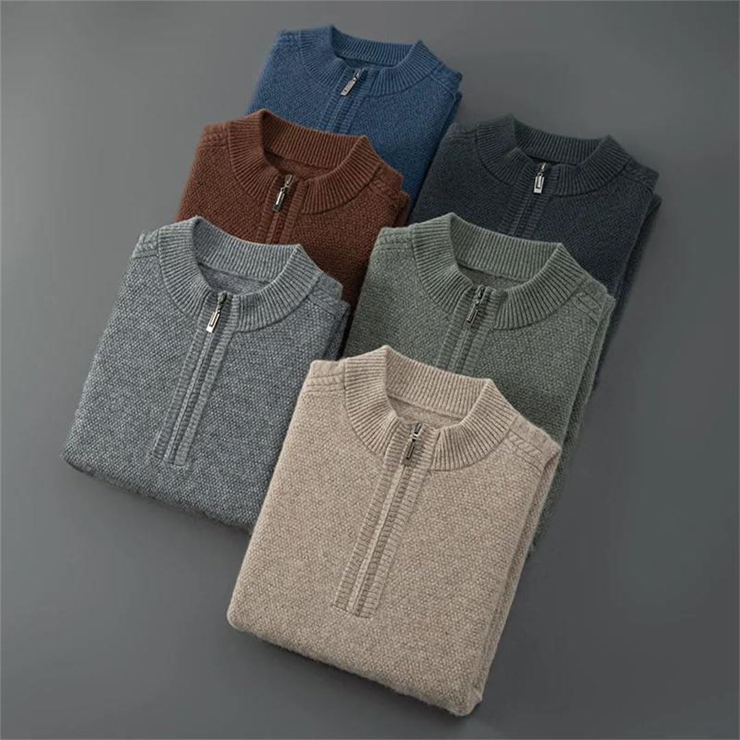 Men's Fall Winter Cashmere Knitwear Half High Neck Zipper Long Sleeve Warm Shirt Top Coffee