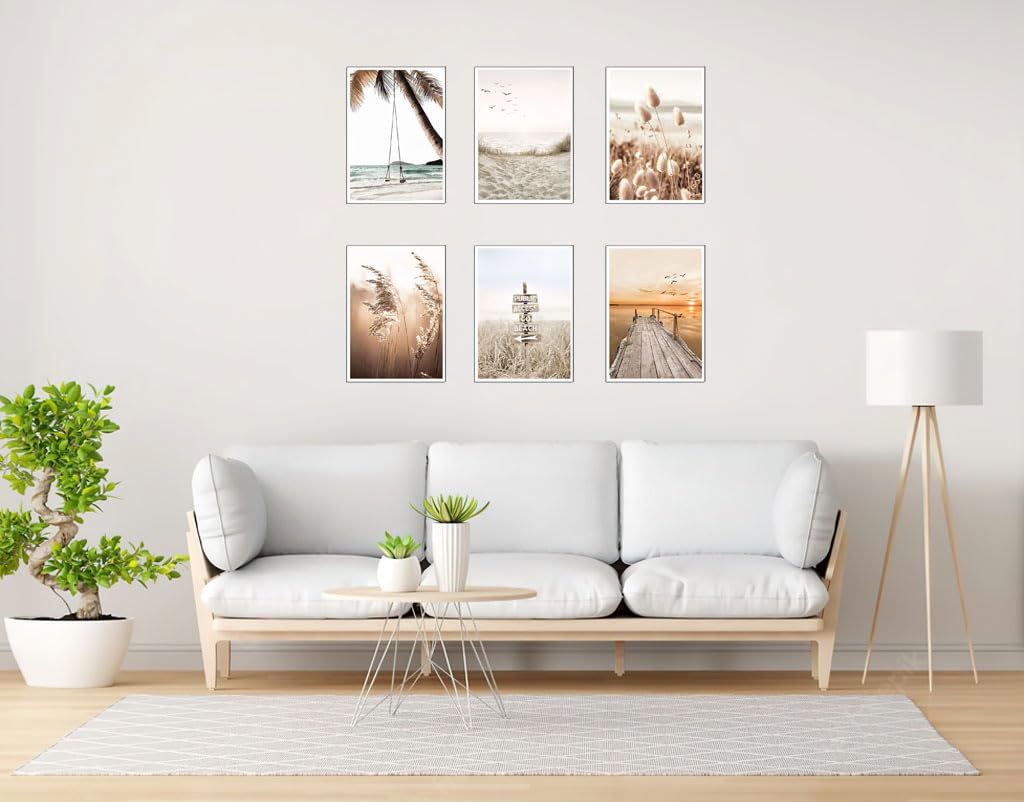 Set 6 cuadros base madera, Decoración Salón Modernos, Dormitorios, Habitación, paisaje, playa, naturaleza con colgadores metálicos, (38 x 29 cm cada cuadro)