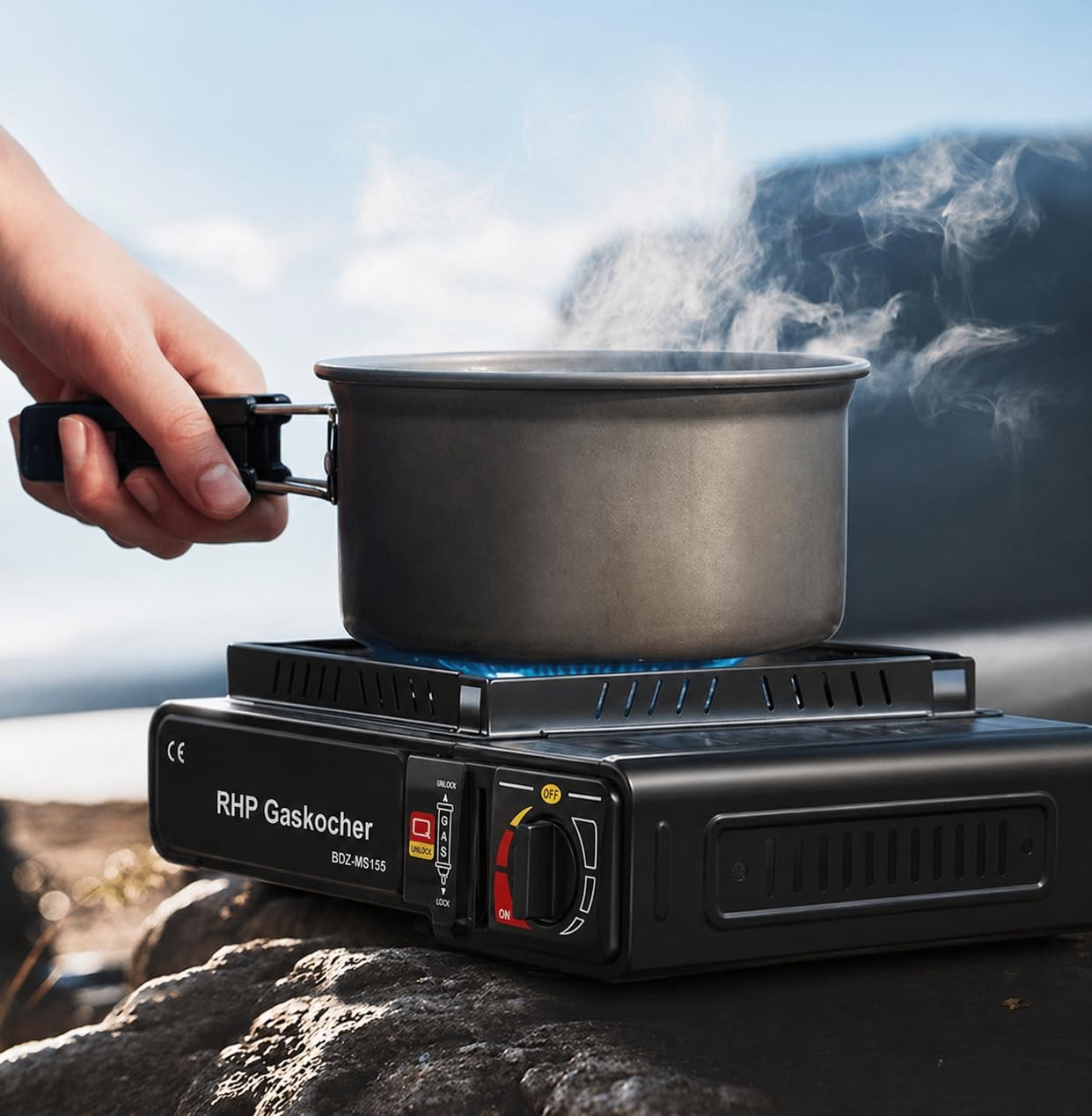 Réchaud à gaz d'extérieur RHP cuisinière de camping I cuisinière à gaz avec 8 cartouches de gaz à baïonnette - avec étui pratique - jusqu'à 30% de consommation de gaz en m