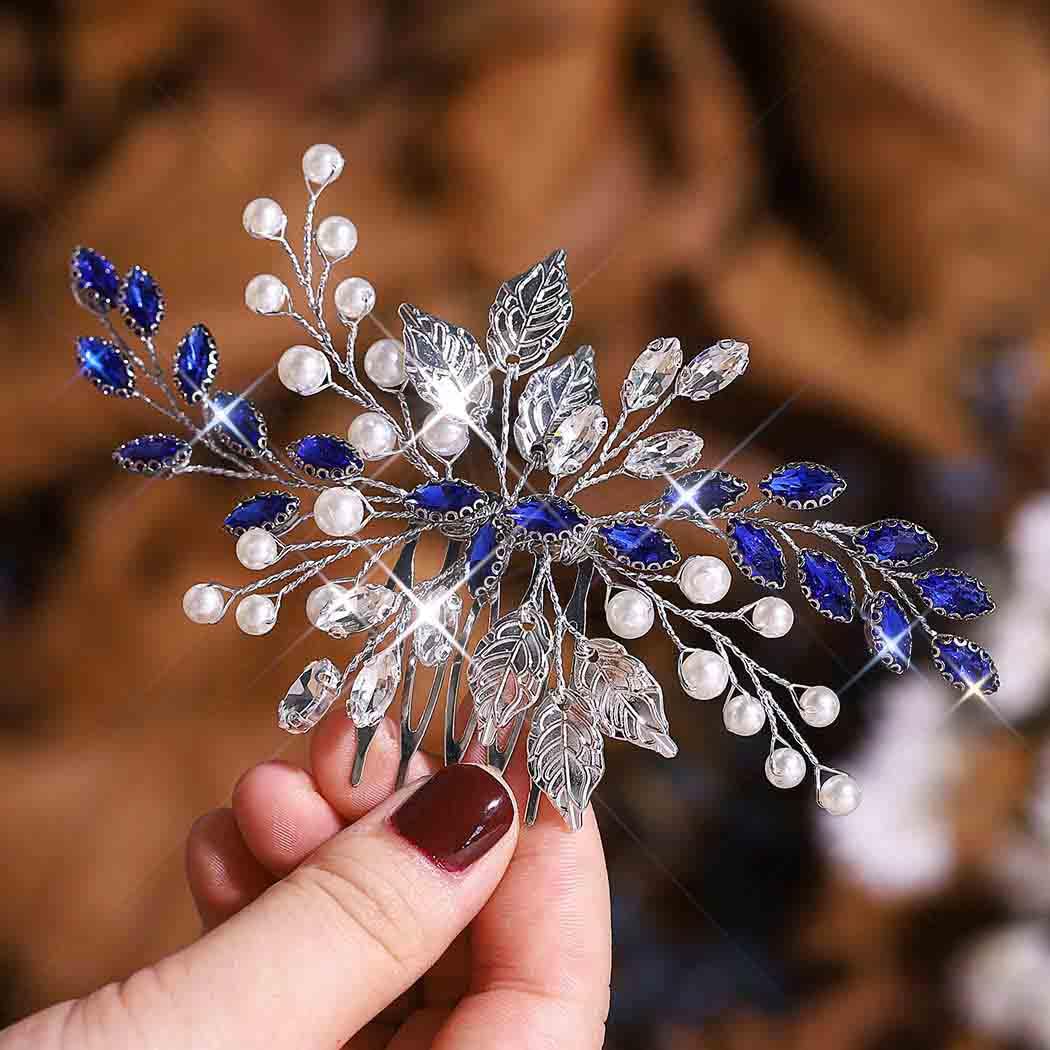 Unsutuo Navy Blue Rhinestone Hair Comb Saffire Crystal Hair Pieces Pearl Wedding Hair Accessories for Women and Girls - Image 5
