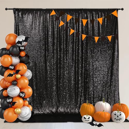 Image of PartyDelight Black Sequin Backdrop 6x8ft Sparkly Photo Curtain | 4 Inch Rod Pocket and stitched 3mm sequins create a reflective event wall for Halloween and black tie events