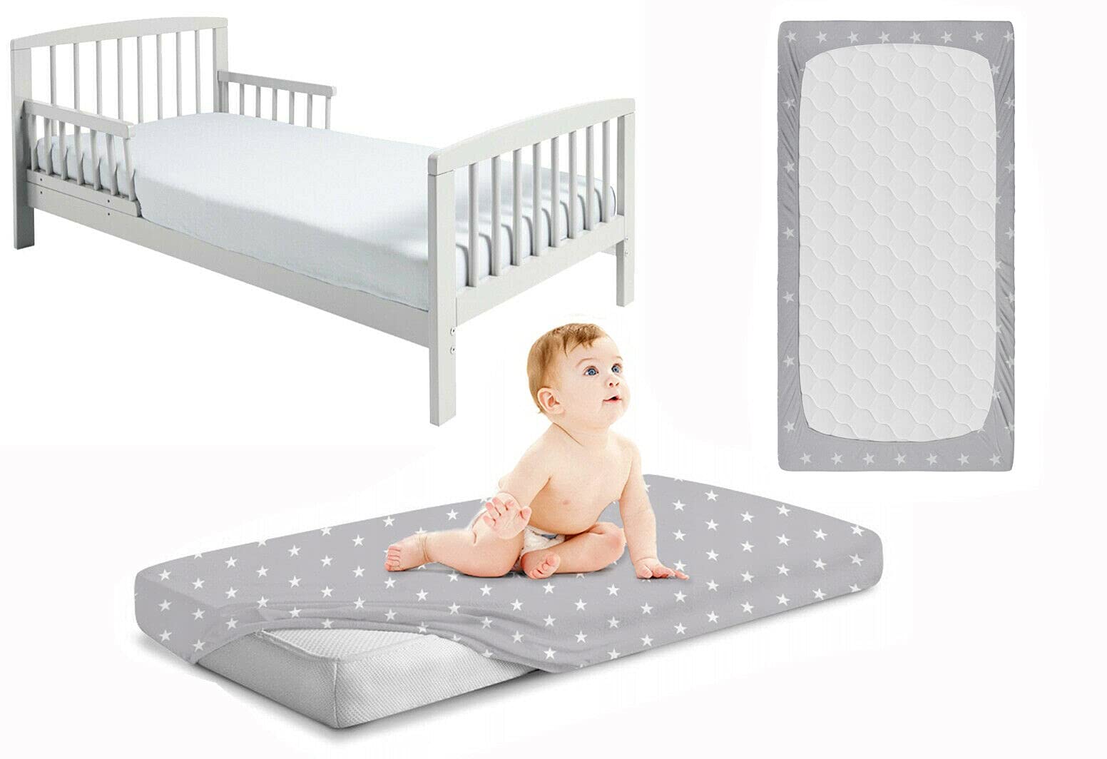 Baby Mam Grey Fitted Sheet Jersey Stretchy Cotton Fit Junior Bed 160X80cm Small Stars On