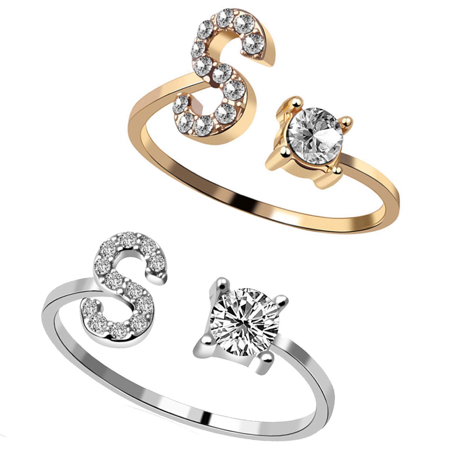 RINHOORINHOO 2PC/Set Initial Letter Alphabet Knuckle Rings A-Z Silver and Gold Crystal Adjustable Finger Ring for Women Jewelry