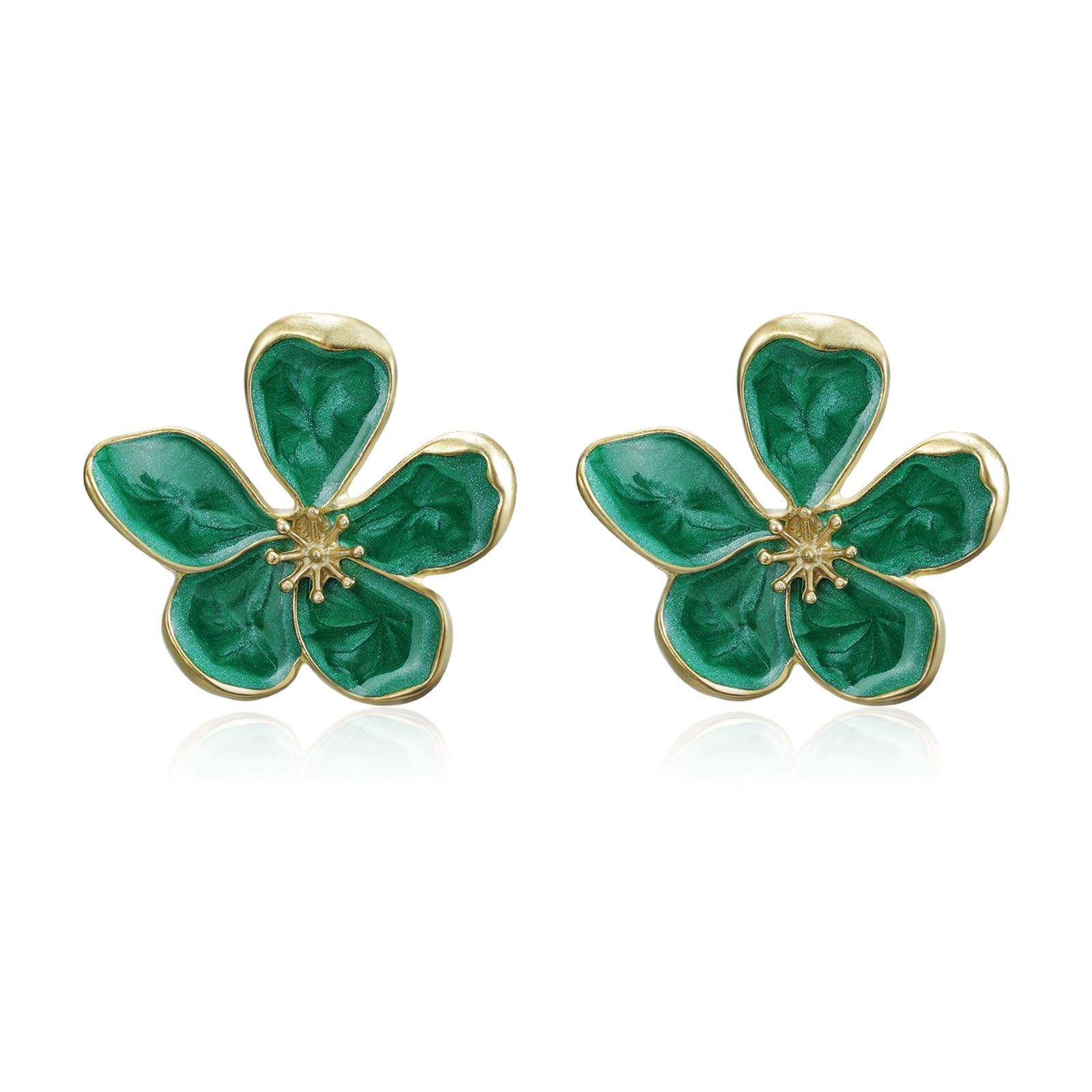 Flongo Große Blumen Ohrringe für Damen: Grün Statement Blüten Ohrstecker 3D - Moderne Flower Earrings Floral - Leichte Metall Ohrschmuck - Fashion Schmuck für Frauen - Blumenohrringe 29mm